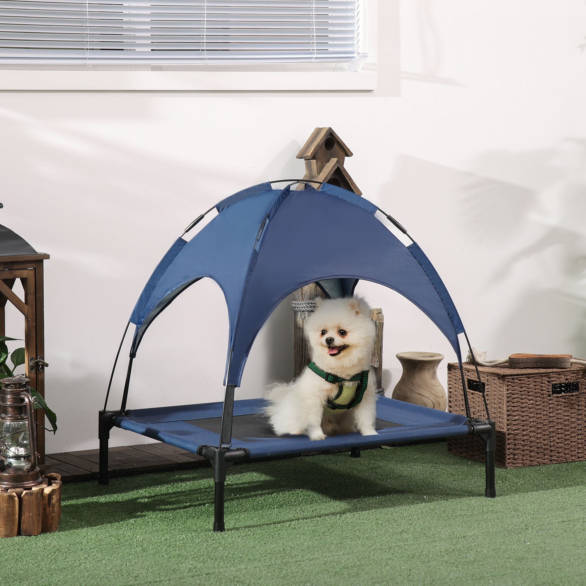 Elevated Portable Dog Cot Pet Bed with UV Protection Canopy Shade, 30 inch, Dark Blue