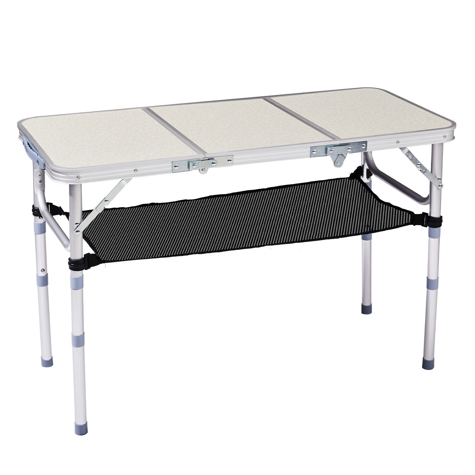 Portable Adjustable Height Folding Table with Mesh Storage Shelf – Lightweight Aluminum Camping Table, 3 Height Settings, Foldable Outdoor Picnic Table with Carry Handle for Patio, Beach, Camping