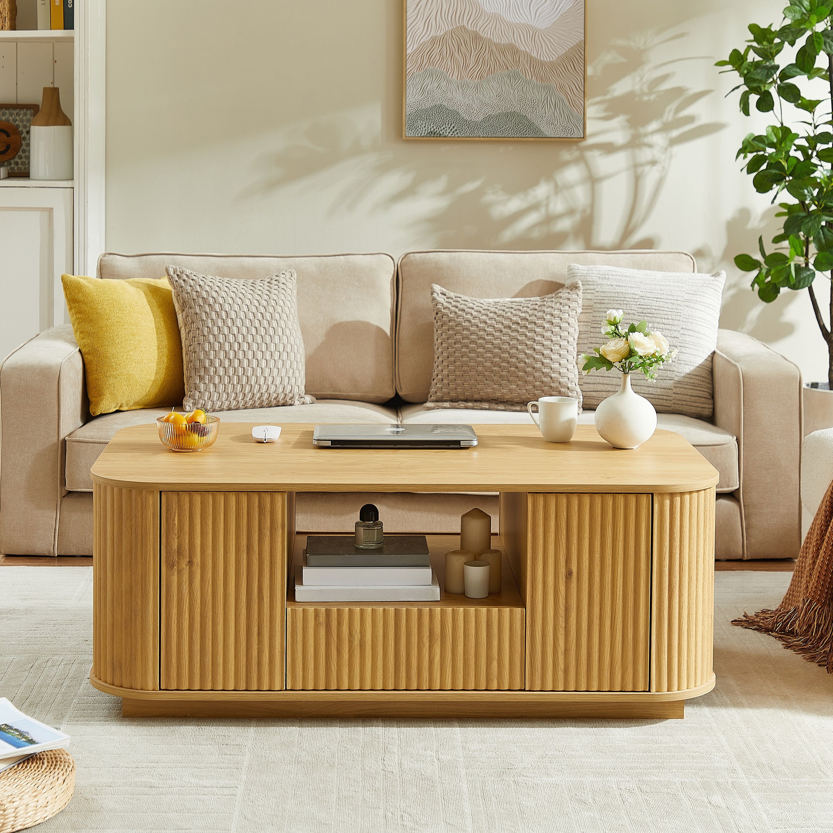 46.5"modern luxury oval coffee table with drawers and storage compartments, curved contour design, living room center coffee table, suitable for living rooms and offices