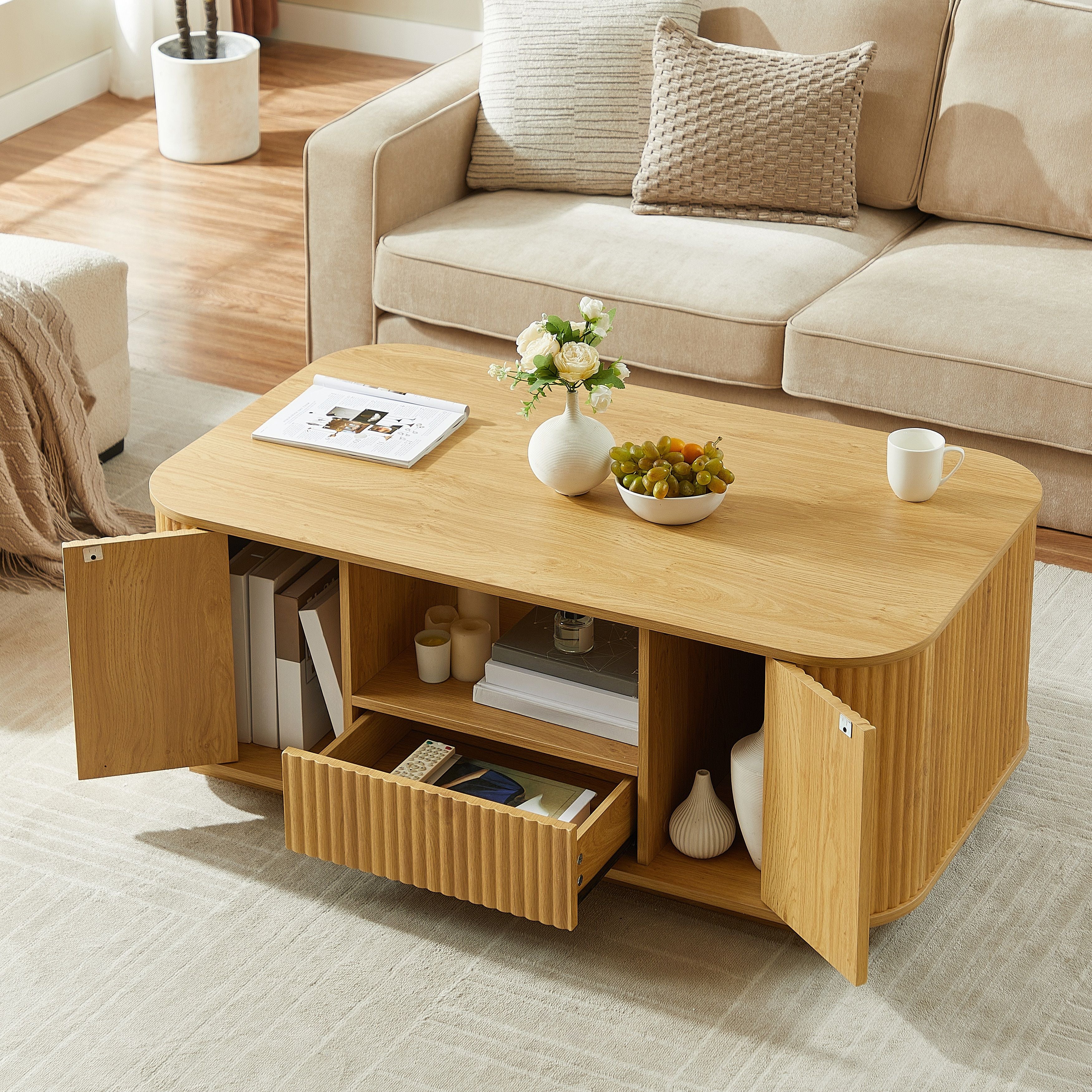 46.5"modern luxury oval coffee table with drawers and storage compartments, curved contour design, living room center coffee table, suitable for living rooms and offices