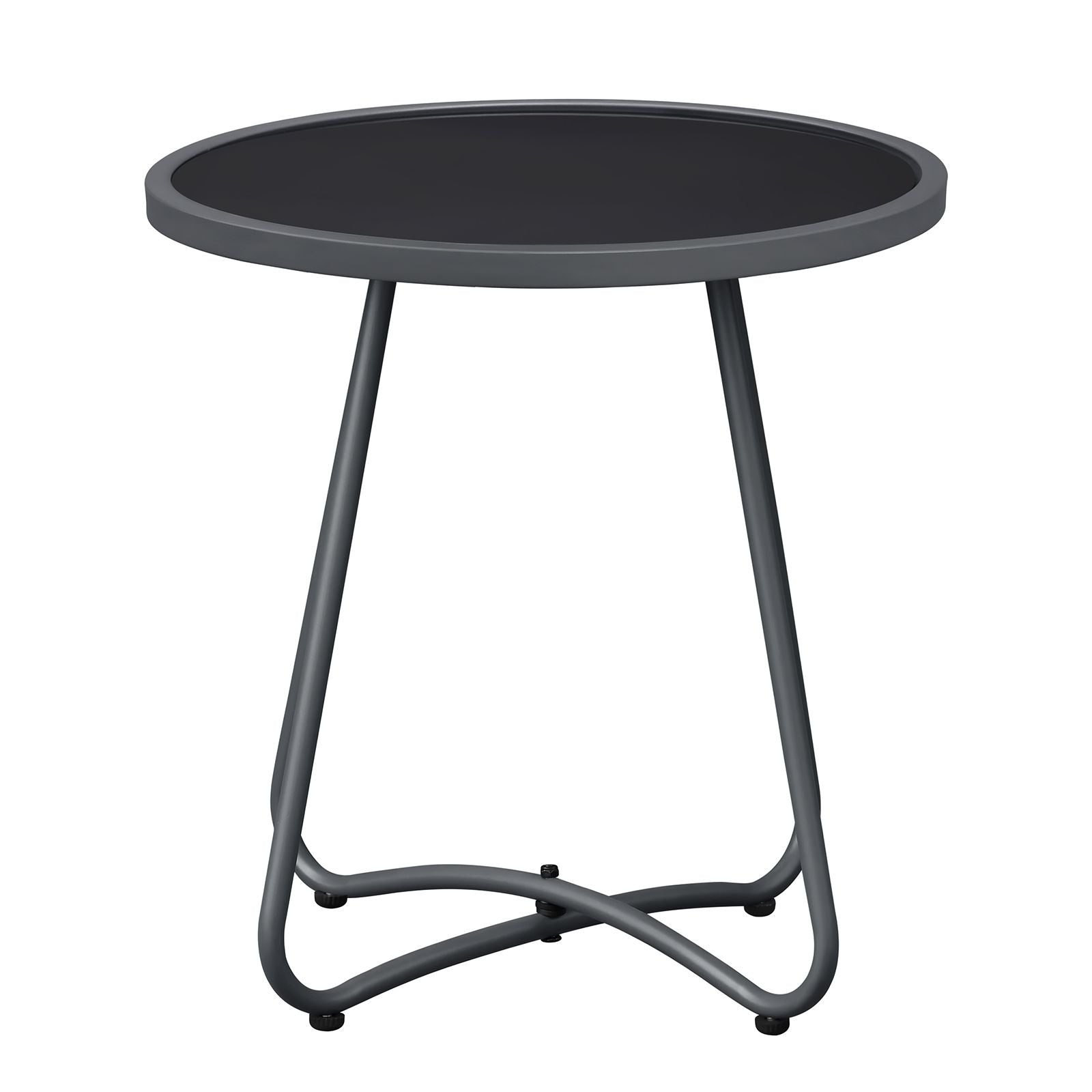 Outdoor Round Side Table, 17.3" Weather Resistant Patio End Table with Tempered Glass Top & Metal Frame, Small Coffee Table for Porch, Balcony, Garden, Poolside, Living Room
