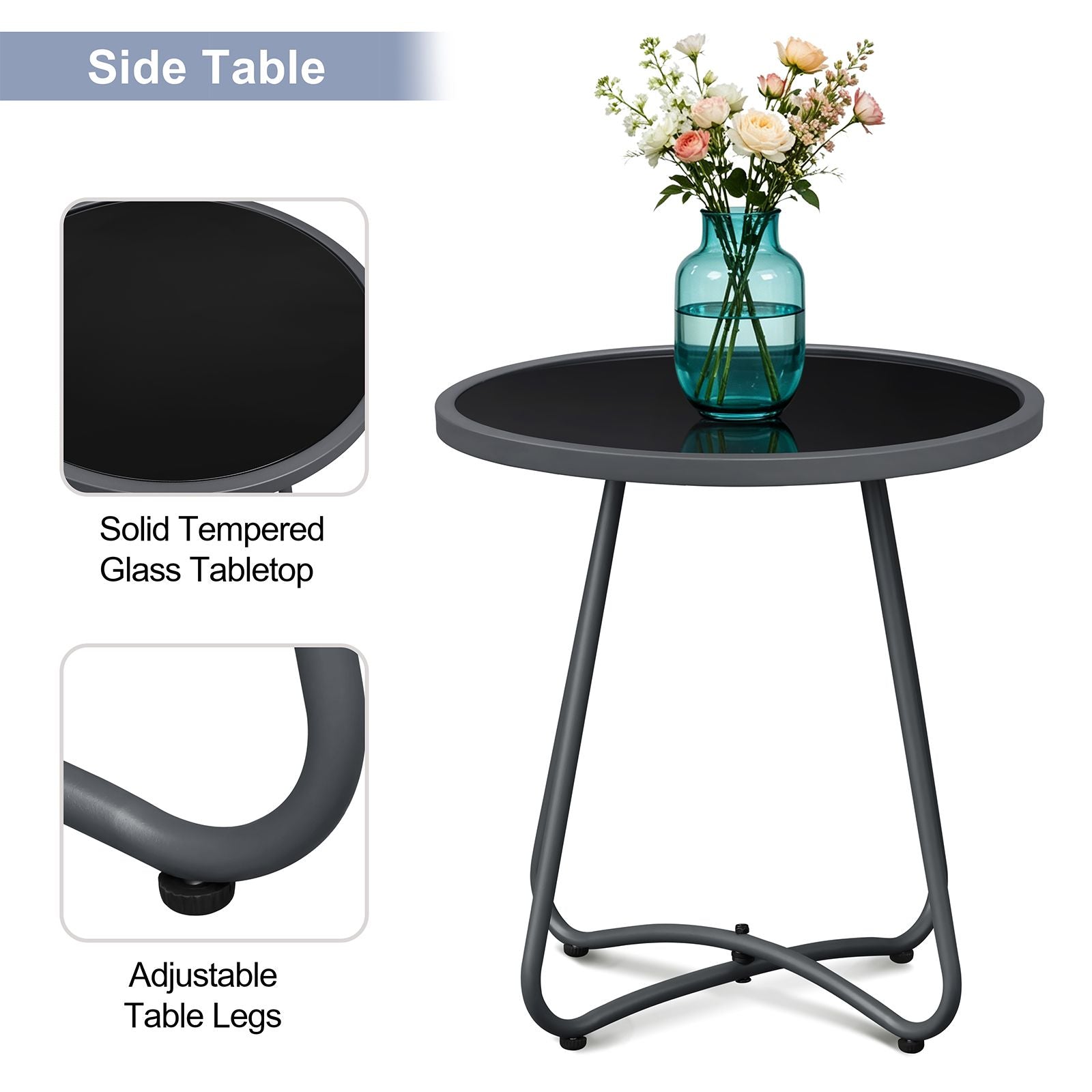Outdoor Round Side Table, 17.3" Weather Resistant Patio End Table with Tempered Glass Top & Metal Frame, Small Coffee Table for Porch, Balcony, Garden, Poolside, Living Room