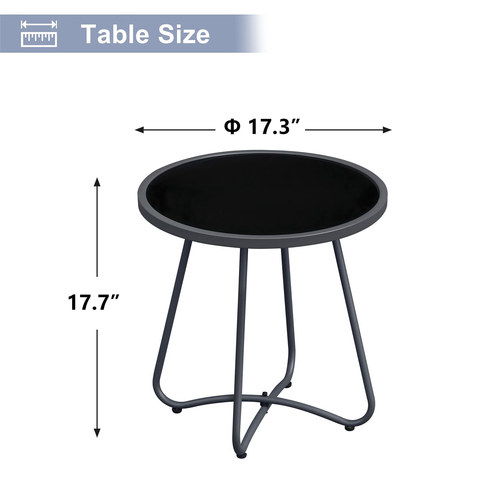 Outdoor Round Side Table, 17.3" Weather Resistant Patio End Table with Tempered Glass Top & Metal Frame, Small Coffee Table for Porch, Balcony, Garden, Poolside, Living Room