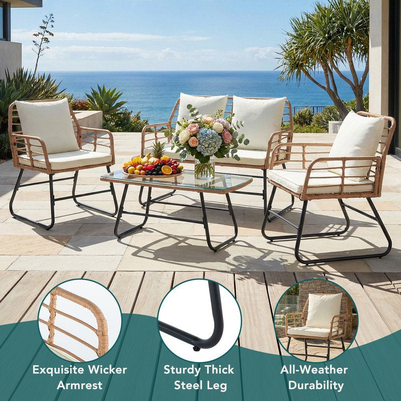 4 Piece Patio Furniture Set, Outdoor Patio Seating Set for Apartment Balcony, Space-Saving Rattan Conversation Set with Loveseat and Side Table for Patio, Front Porch, Beige