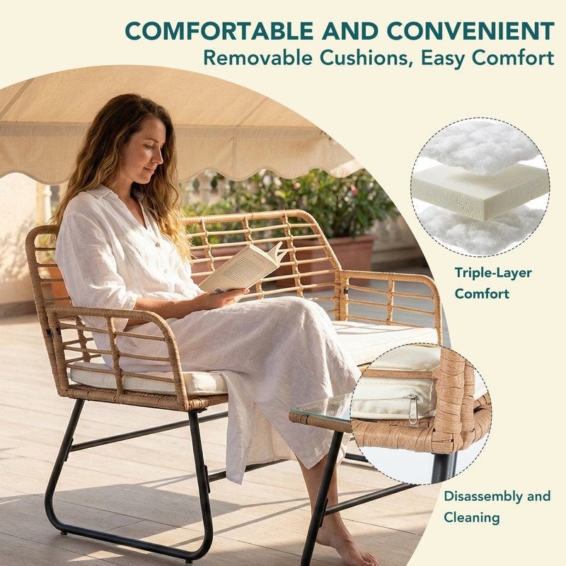 4 Piece Patio Furniture Set, Outdoor Patio Seating Set for Apartment Balcony, Space-Saving Rattan Conversation Set with Loveseat and Side Table for Patio, Front Porch, Beige