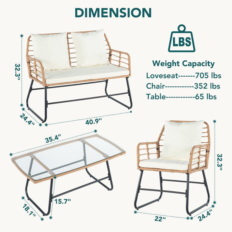 4 Piece Patio Furniture Set, Outdoor Patio Seating Set for Apartment Balcony, Space-Saving Rattan Conversation Set with Loveseat and Side Table for Patio, Front Porch, Beige