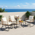 4 Piece Patio Furniture Set, Outdoor Patio Seating Set for Apartment Balcony, Space-Saving Rattan Conversation Set with Loveseat and Side Table for Patio, Front Porch, Beige