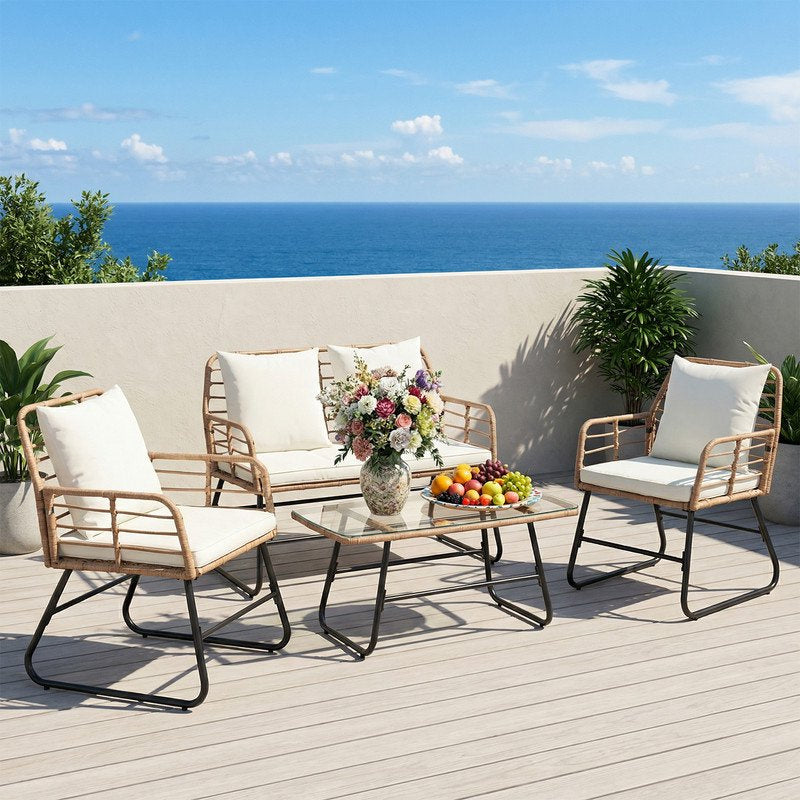4 Piece Patio Furniture Set, Outdoor Patio Seating Set for Apartment Balcony, Space-Saving Rattan Conversation Set with Loveseat and Side Table for Patio, Front Porch, Beige