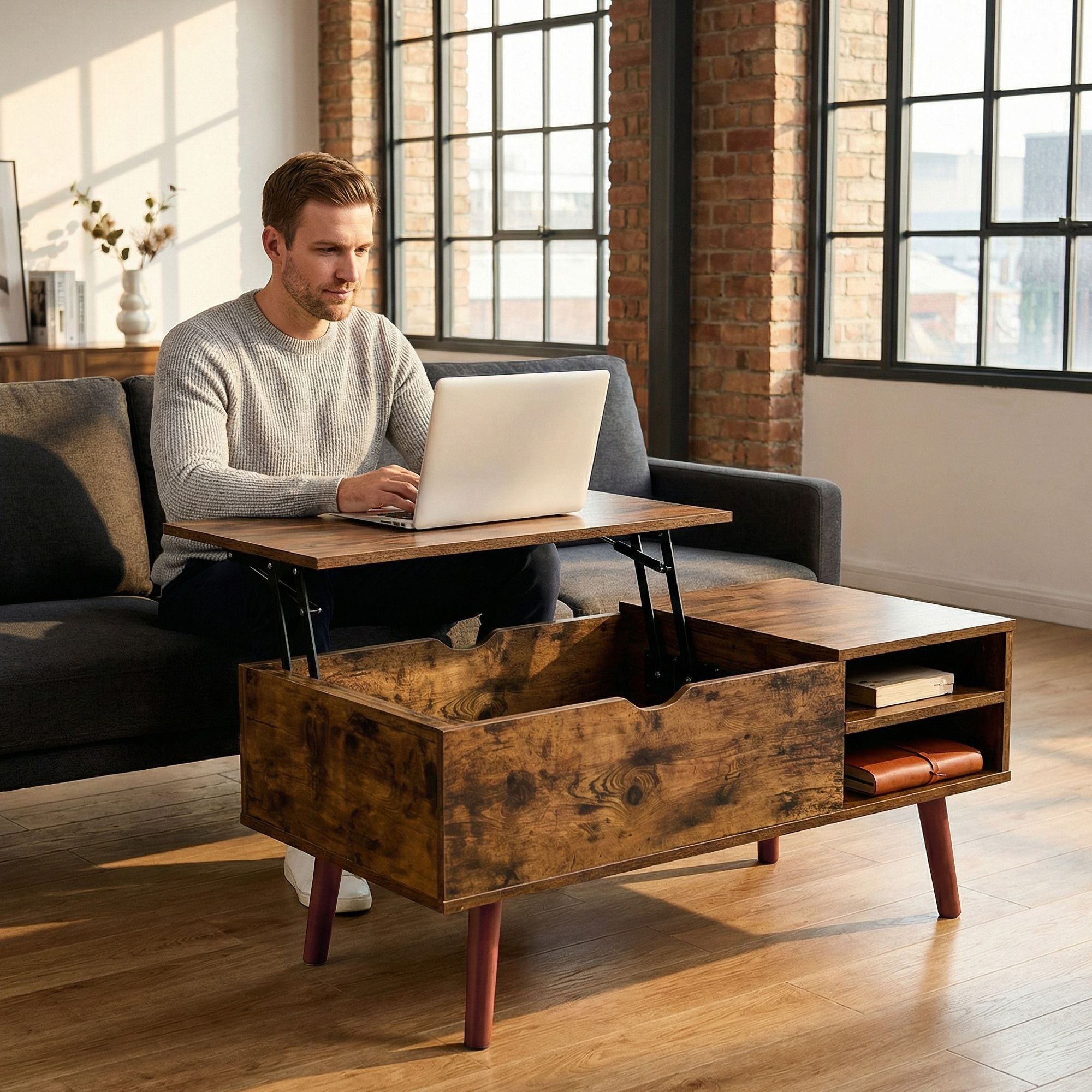 Multifunctional Lift Top Coffee Table with Hidden Compartment and 2 Cubbies,Sturdy Raising Mechanism, Brown Wooden Center Tables with Storage, Adjustable Height, Contemporary Style