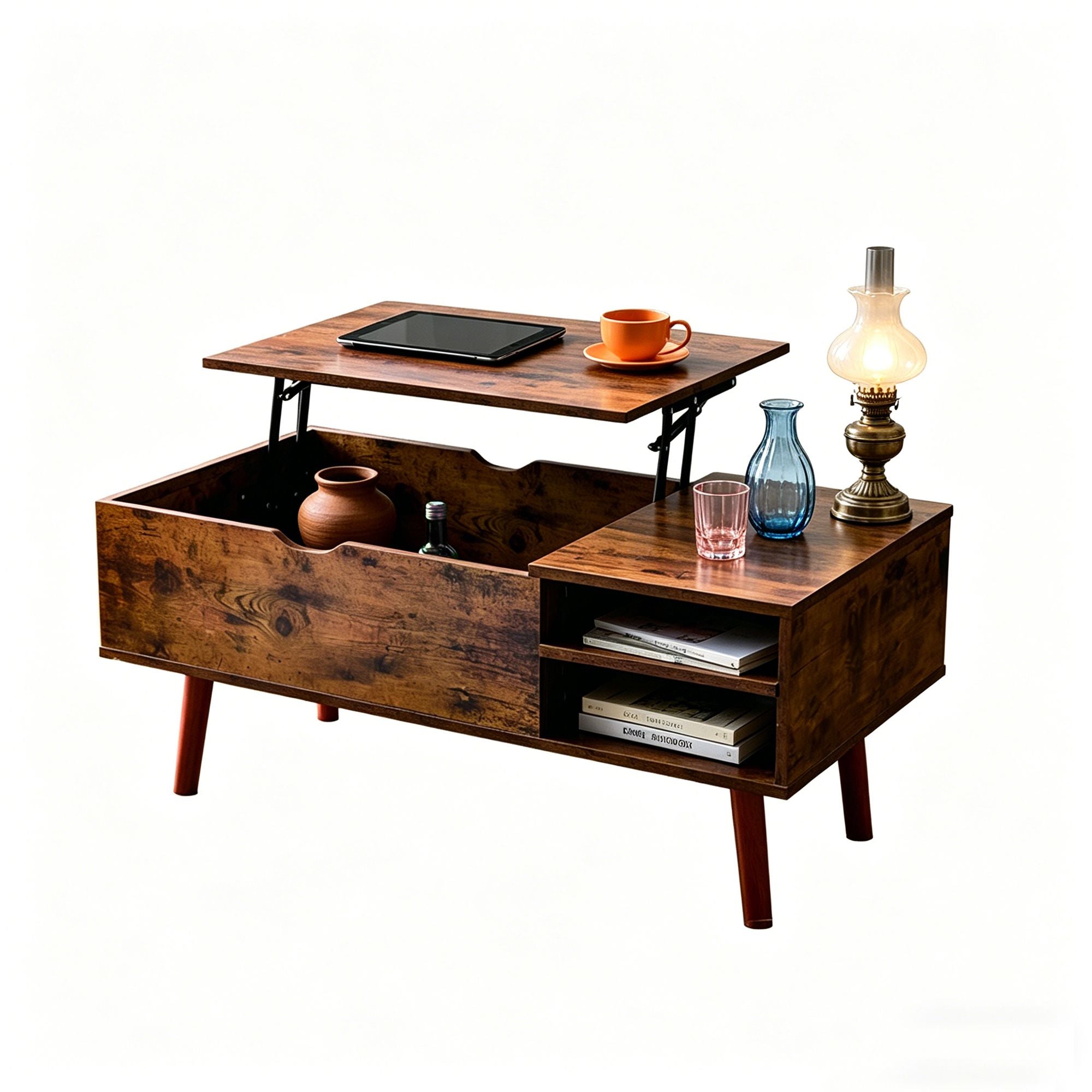 Multifunctional Lift Top Coffee Table with Hidden Compartment and 2 Cubbies,Sturdy Raising Mechanism, Brown Wooden Center Tables with Storage, Adjustable Height, Contemporary Style