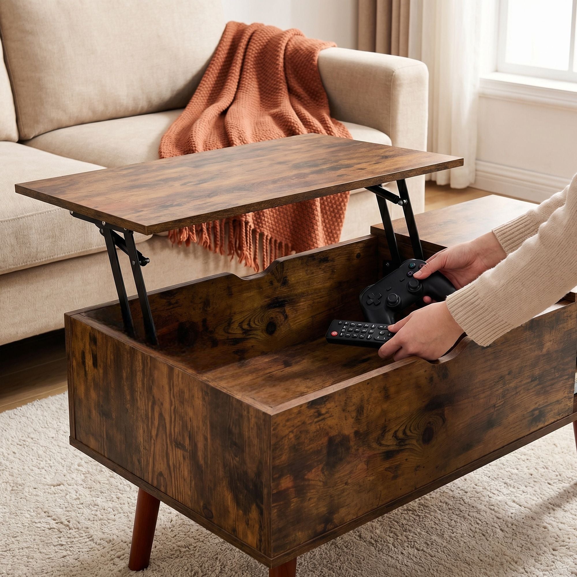 Multifunctional Lift Top Coffee Table with Hidden Compartment and 2 Cubbies,Sturdy Raising Mechanism, Brown Wooden Center Tables with Storage, Adjustable Height, Contemporary Style