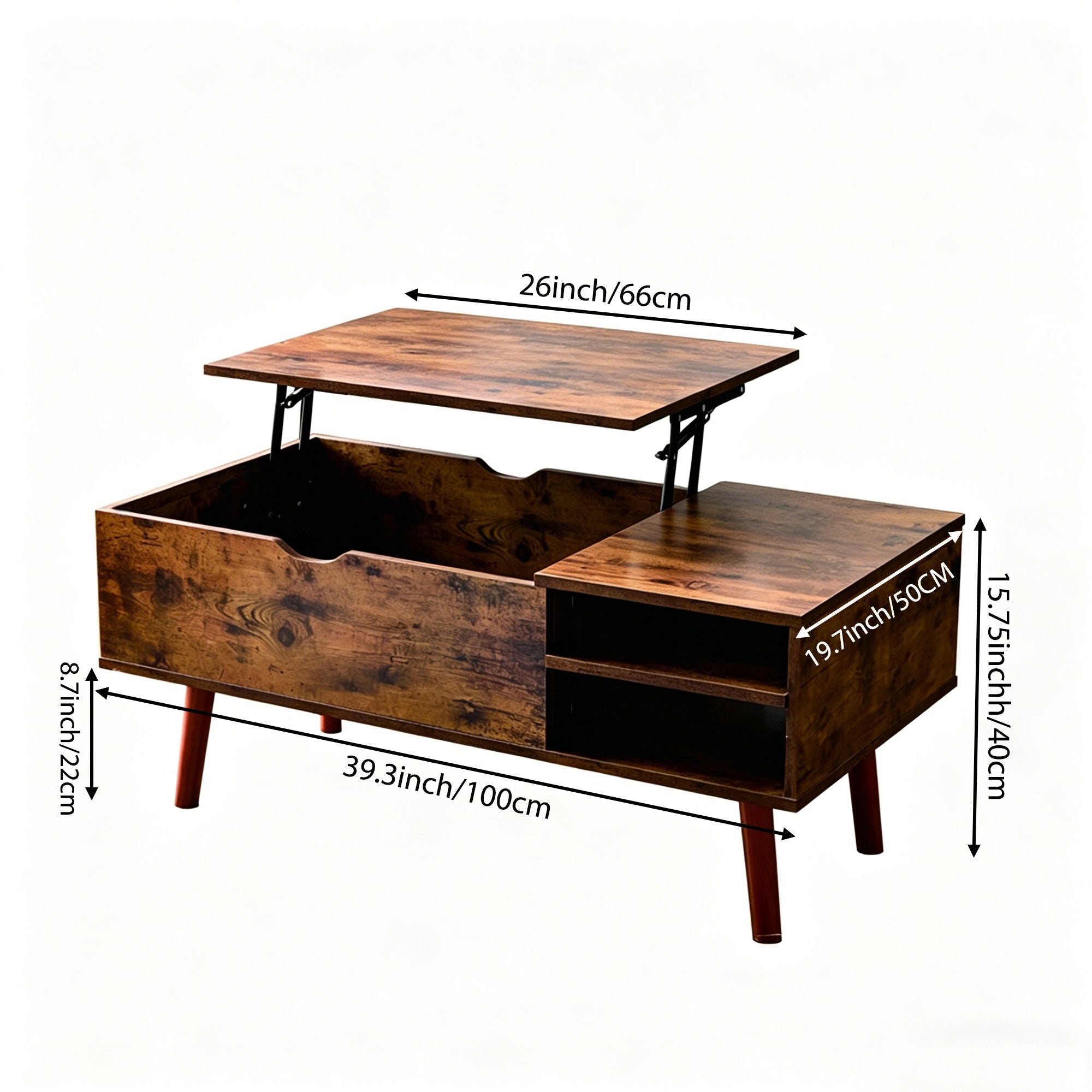 Multifunctional Lift Top Coffee Table with Hidden Compartment and 2 Cubbies,Sturdy Raising Mechanism, Brown Wooden Center Tables with Storage, Adjustable Height, Contemporary Style