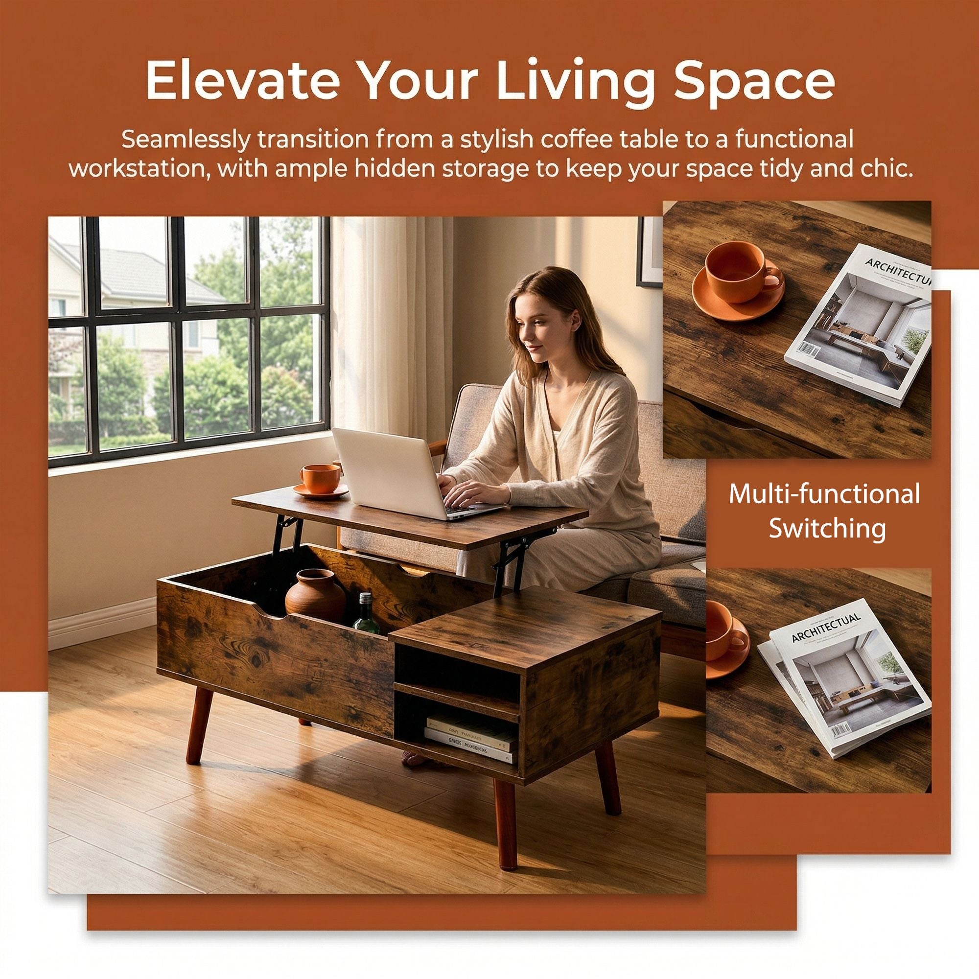 Multifunctional Lift Top Coffee Table with Hidden Compartment and 2 Cubbies,Sturdy Raising Mechanism, Brown Wooden Center Tables with Storage, Adjustable Height, Contemporary Style