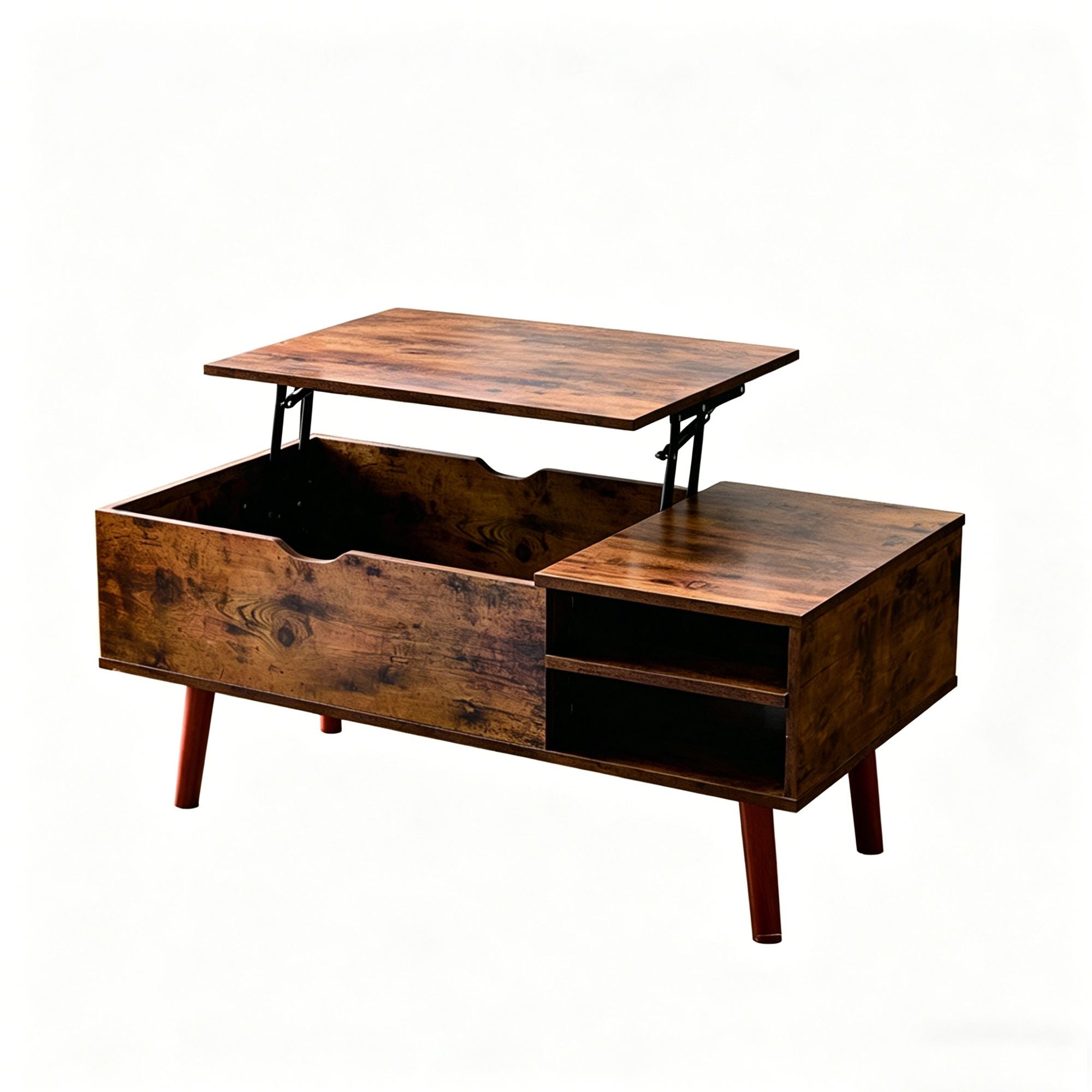 Multifunctional Lift Top Coffee Table with Hidden Compartment and 2 Cubbies,Sturdy Raising Mechanism, Brown Wooden Center Tables with Storage, Adjustable Height, Contemporary Style