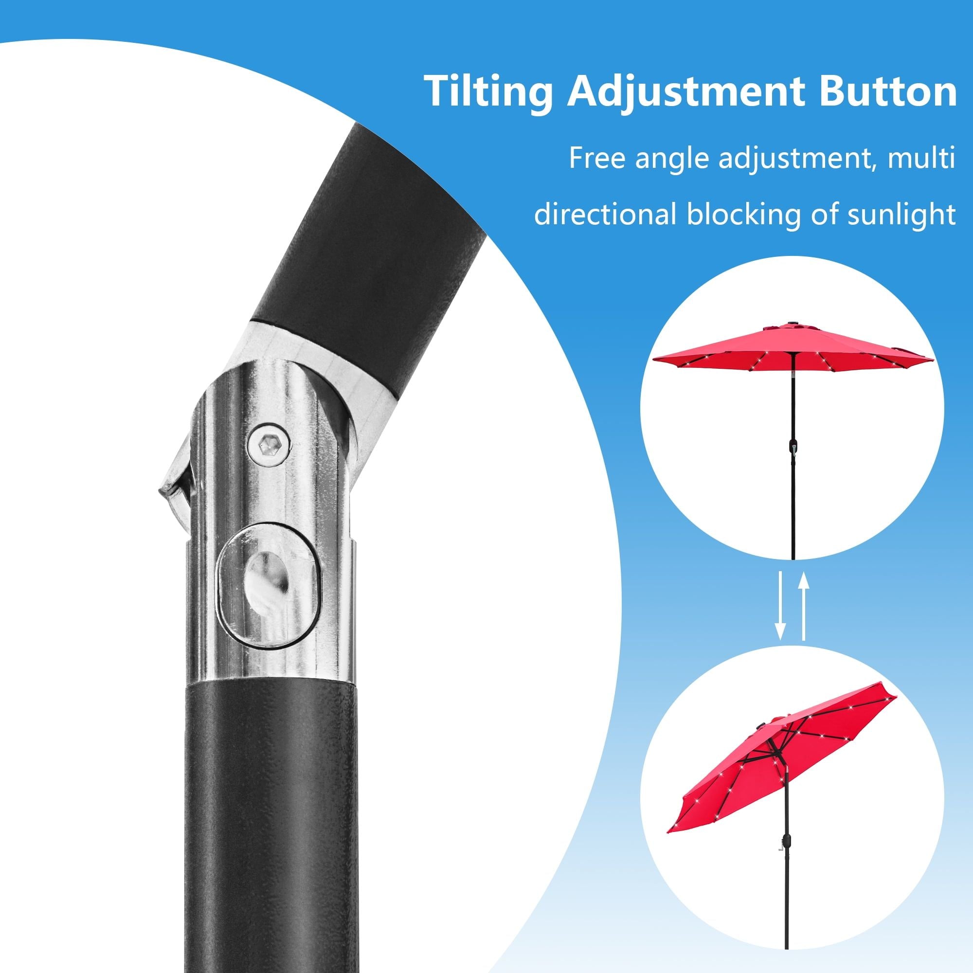 9ft Solar LED Lighted Patio Umbrella, Table Market Umbrella, Outdoor Umbrella for Garden, Deck, Backyard, Pool and Beach, Red
