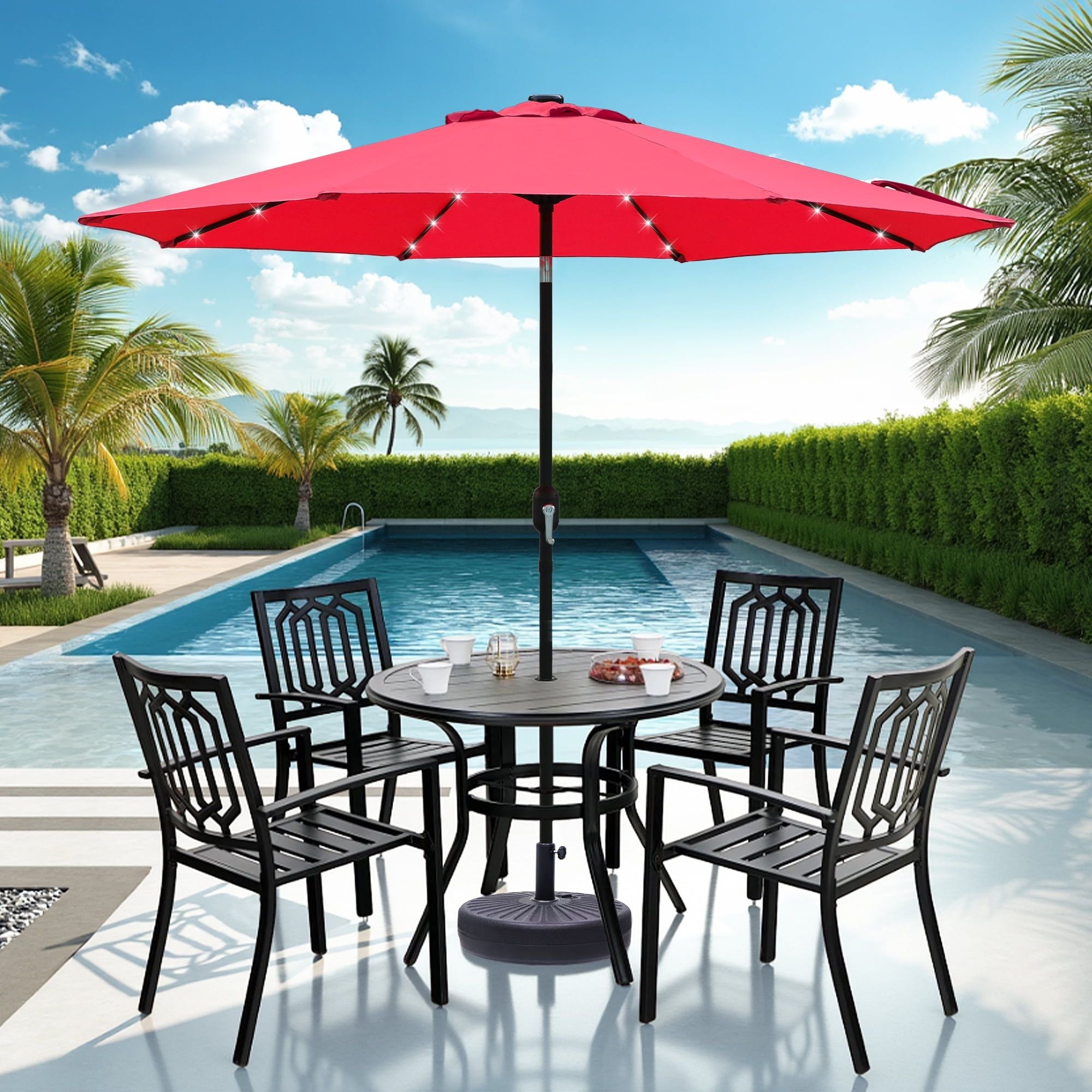9ft Solar LED Lighted Patio Umbrella, Table Market Umbrella, Outdoor Umbrella for Garden, Deck, Backyard, Pool and Beach, Red