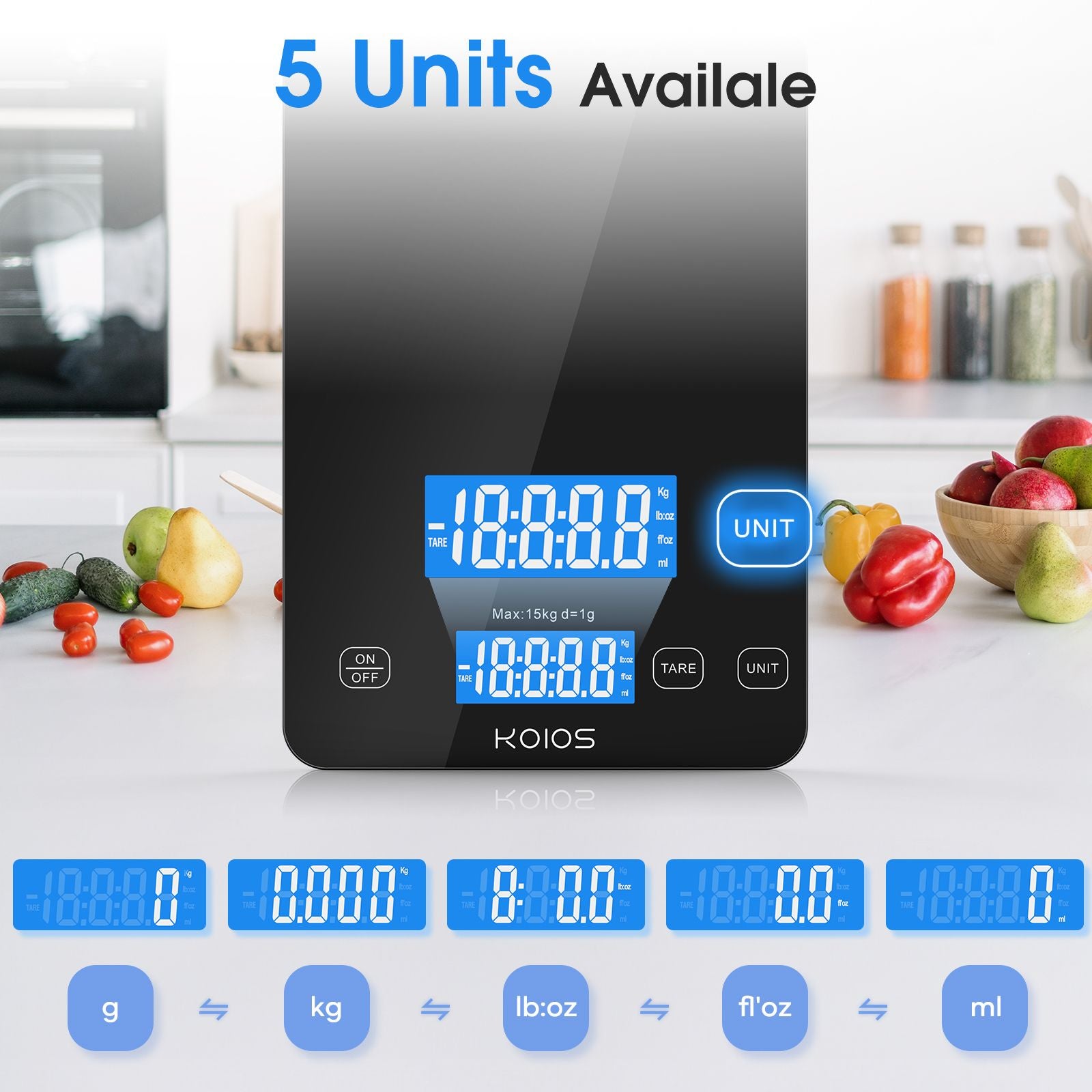 KOIOS Food Scale, 33lb/15kg Digital Kitchen Scale Grams and Ounces for Cooking Baking, 1g/0.1oz Precise Graduation, Type-C Charging, Tare Function, AAA Battery Included(Black)