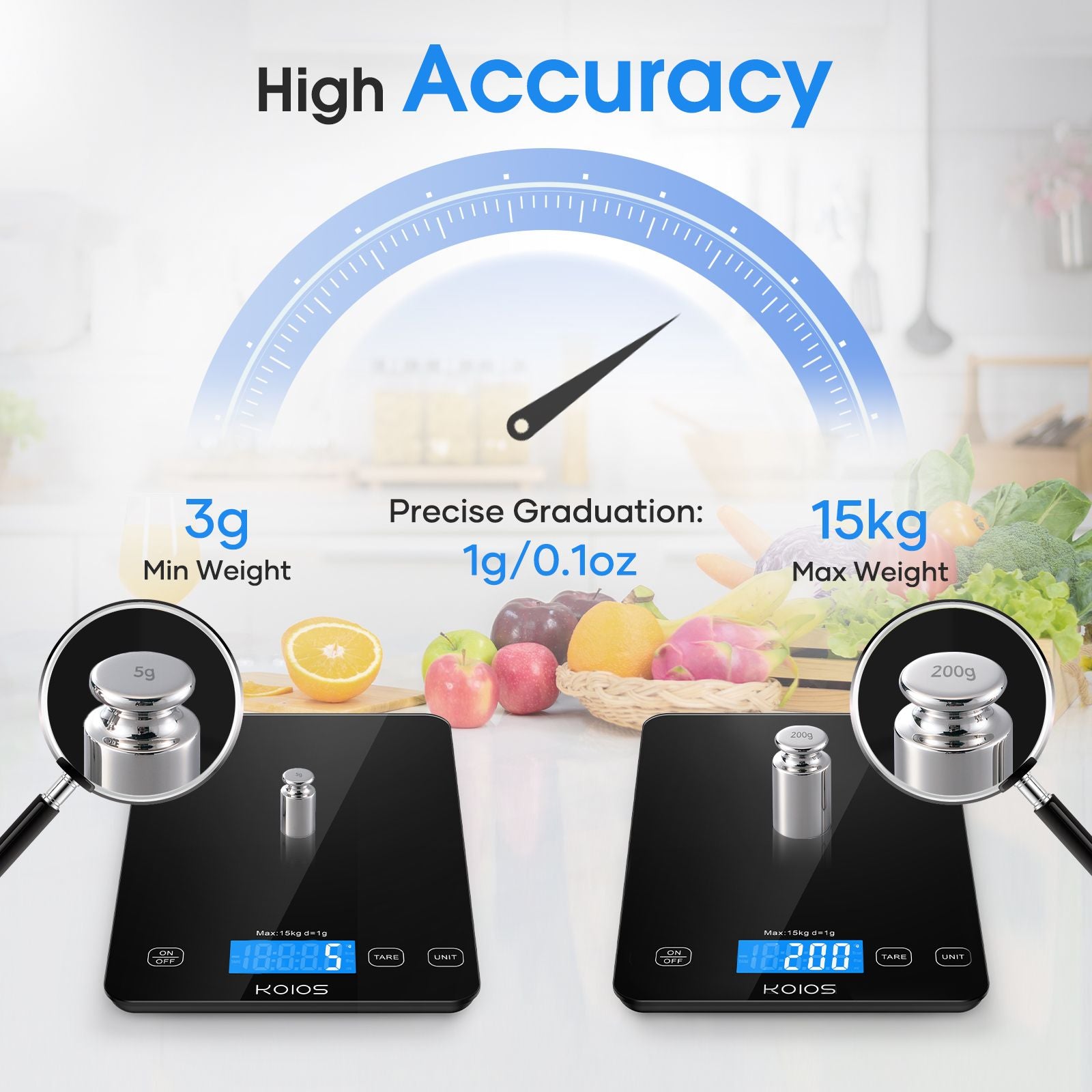 KOIOS Food Scale, 33lb/15kg Digital Kitchen Scale Grams and Ounces for Cooking Baking, 1g/0.1oz Precise Graduation, Type-C Charging, Tare Function, AAA Battery Included(Black)
