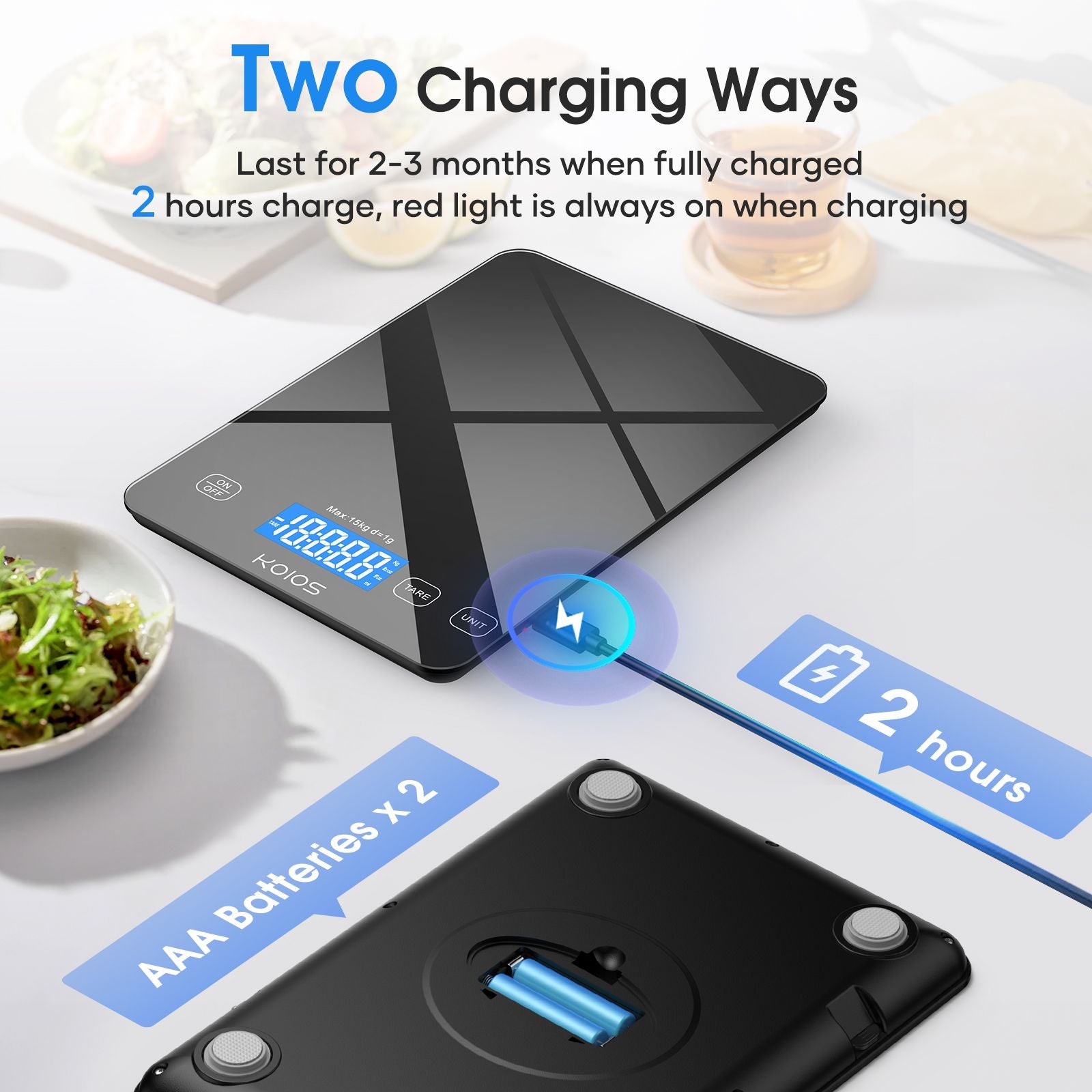 KOIOS Food Scale, 33lb/15kg Digital Kitchen Scale Grams and Ounces for Cooking Baking, 1g/0.1oz Precise Graduation, Type-C Charging, Tare Function, AAA Battery Included(Black)