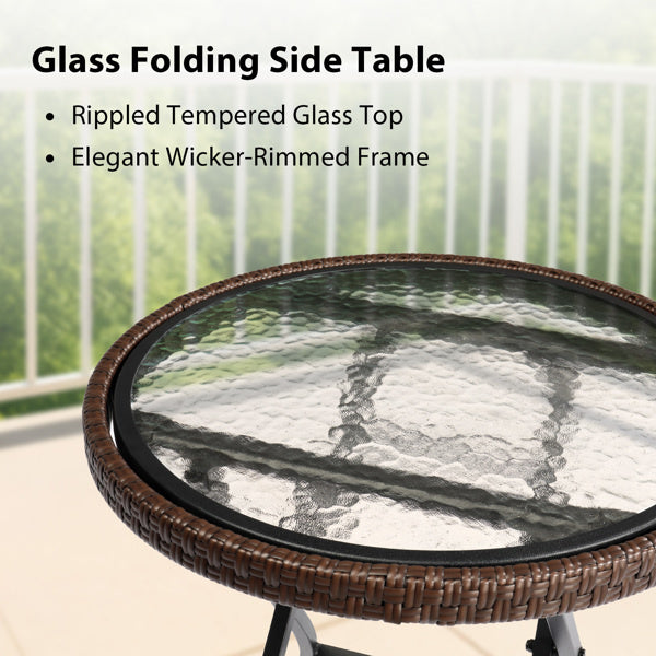 Outdoor Side Table, Round Rattan Patio Side Table, Small Foldable Wicker Table with Tempered Glass Table Top for Lawn Garden Balcony Porch Deck Pool, Brown(SAME AS17706490