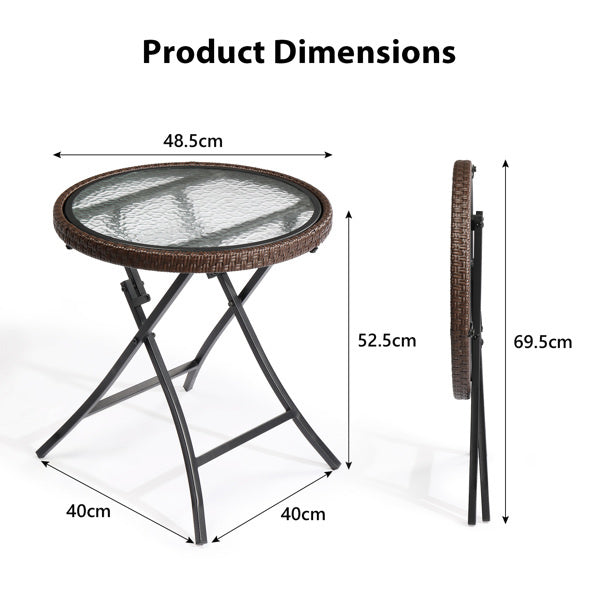 Outdoor Side Table, Round Rattan Patio Side Table, Small Foldable Wicker Table with Tempered Glass Table Top for Lawn Garden Balcony Porch Deck Pool, Brown(SAME AS17706490