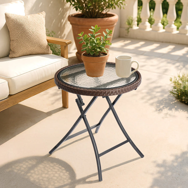 Outdoor Side Table, Round Rattan Patio Side Table, Small Foldable Wicker Table with Tempered Glass Table Top for Lawn Garden Balcony Porch Deck Pool, Brown(SAME AS17706490
