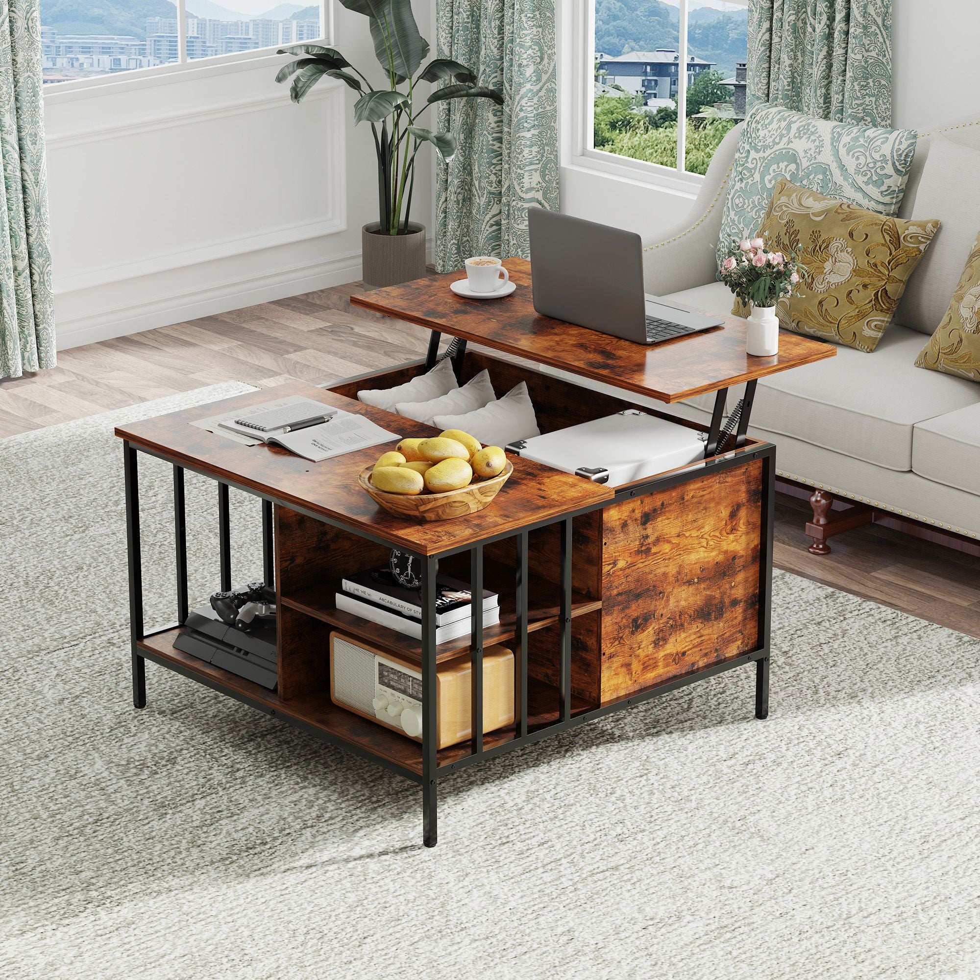 Farmhouse Lift Top Coffee Table with Storage - 31.5" Adjustable Height Living Room Table, Multifunctional Center for Family with Hidden Compartment & 3 Shelves(110lbs Capacity, Easy to Clean)