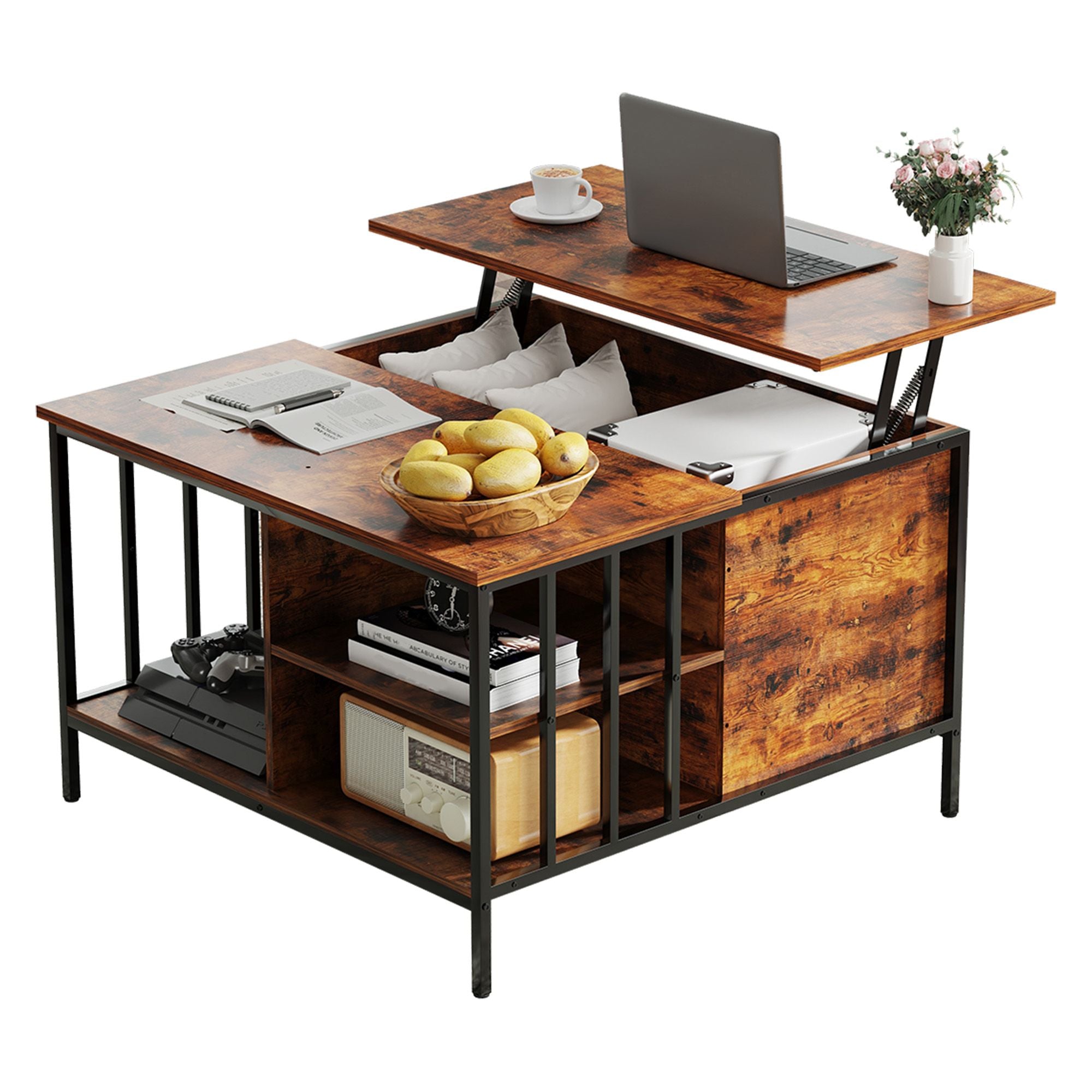 Farmhouse Lift Top Coffee Table with Storage - 31.5" Adjustable Height Living Room Table, Multifunctional Center for Family with Hidden Compartment & 3 Shelves(110lbs Capacity, Easy to Clean)