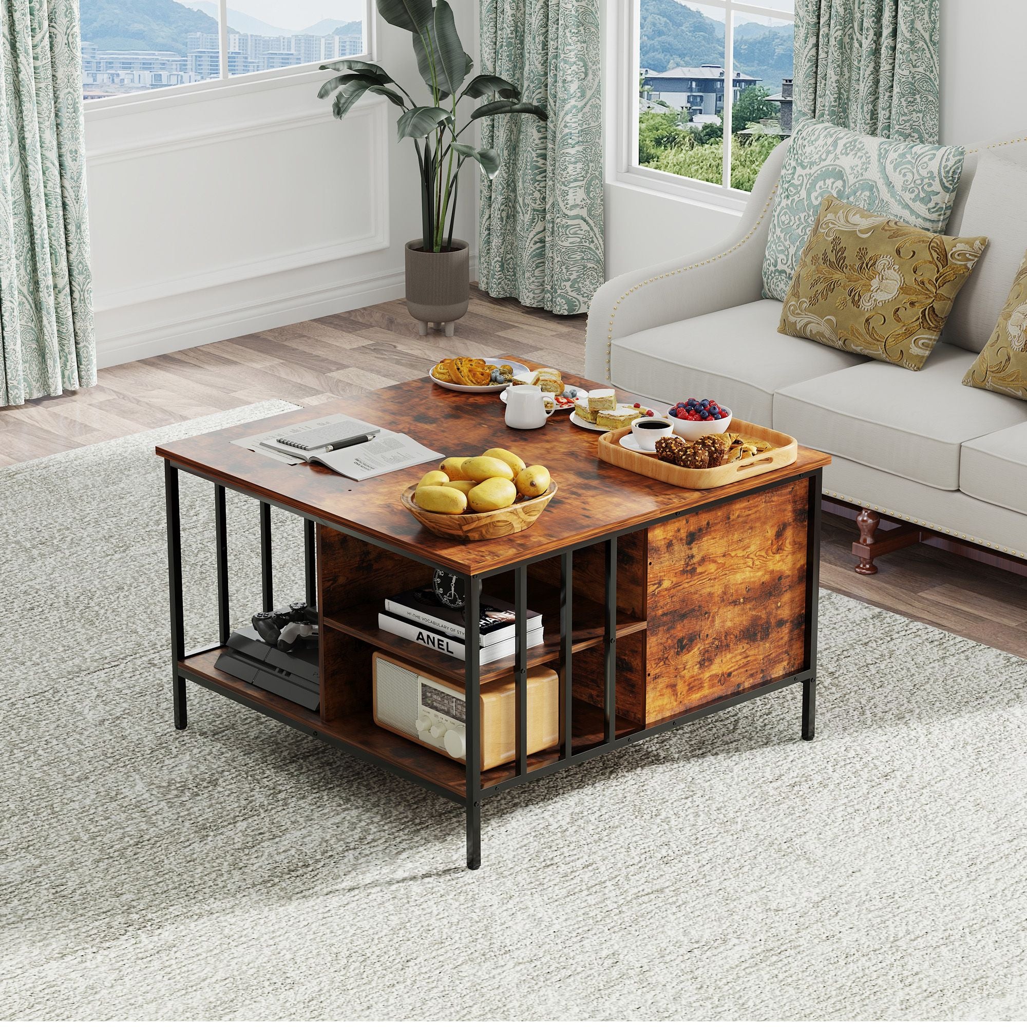 Farmhouse Lift Top Coffee Table with Storage - 31.5" Adjustable Height Living Room Table, Multifunctional Center for Family with Hidden Compartment & 3 Shelves(110lbs Capacity, Easy to Clean)