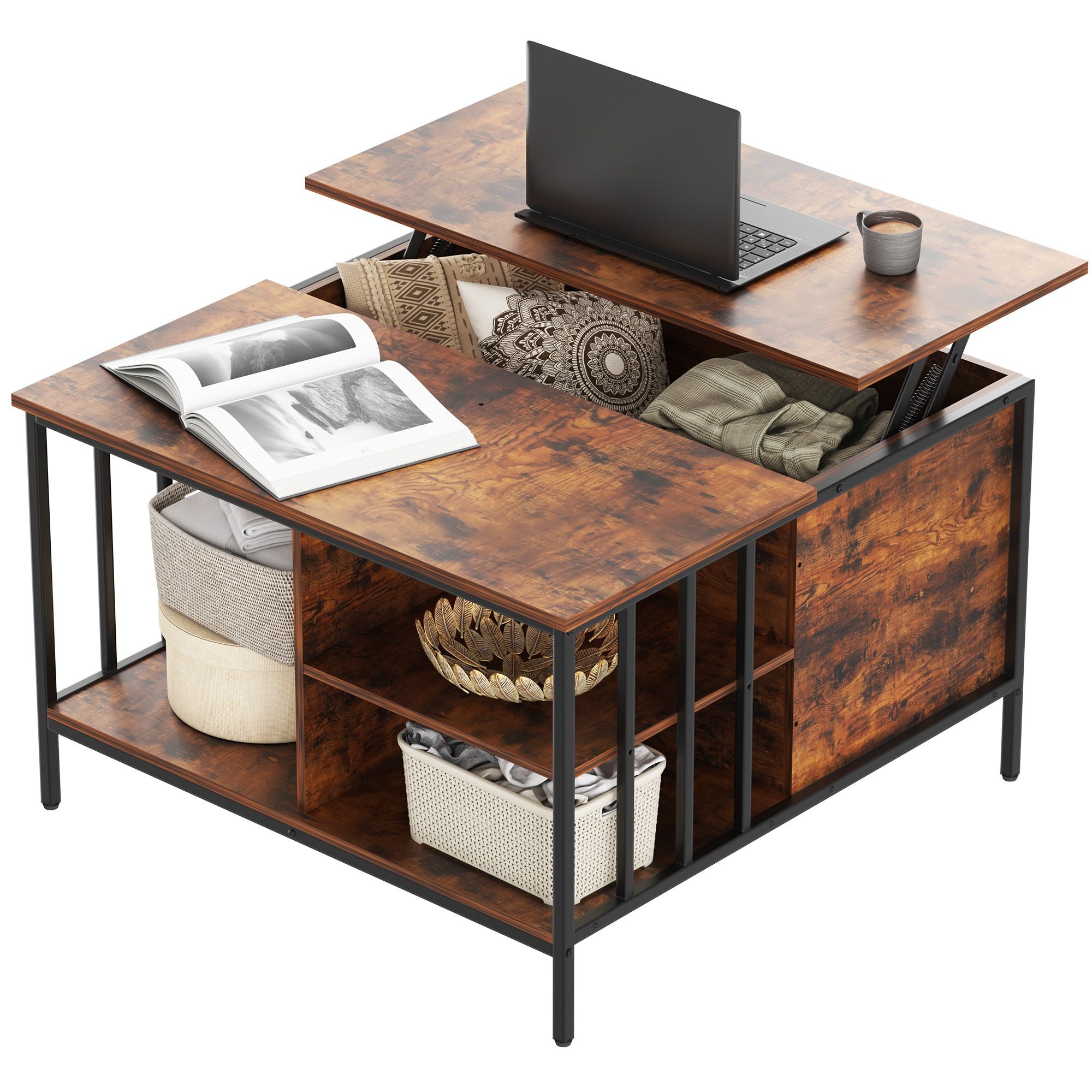 Farmhouse Lift Top Coffee Table with Storage - 31.5" Adjustable Height Living Room Table, Multifunctional Center for Family with Hidden Compartment & 3 Shelves(110lbs Capacity, Easy to Clean)