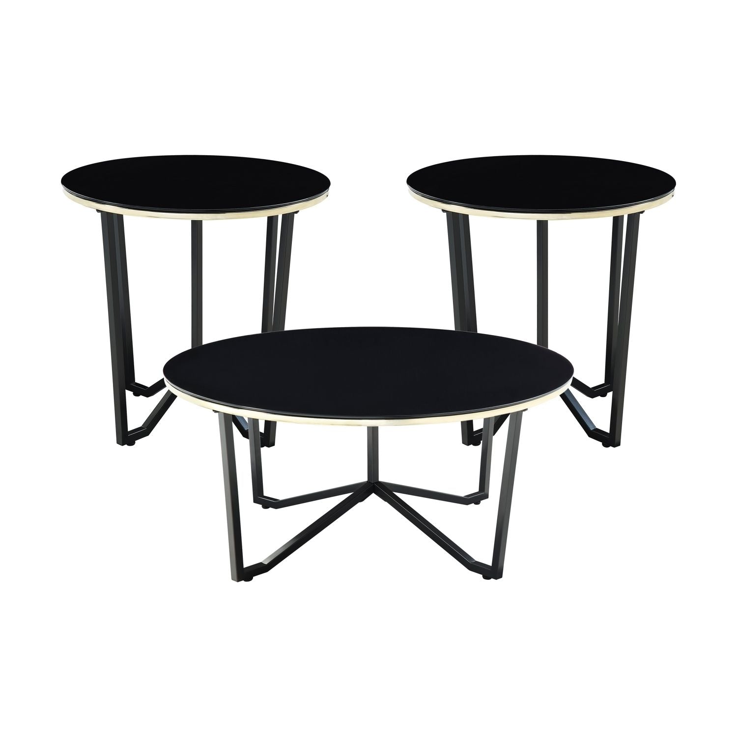 Round Coffee Table and End Tables 3pc Set Black Tempered Glass Top Metal Frame Modern Living Room Furniture