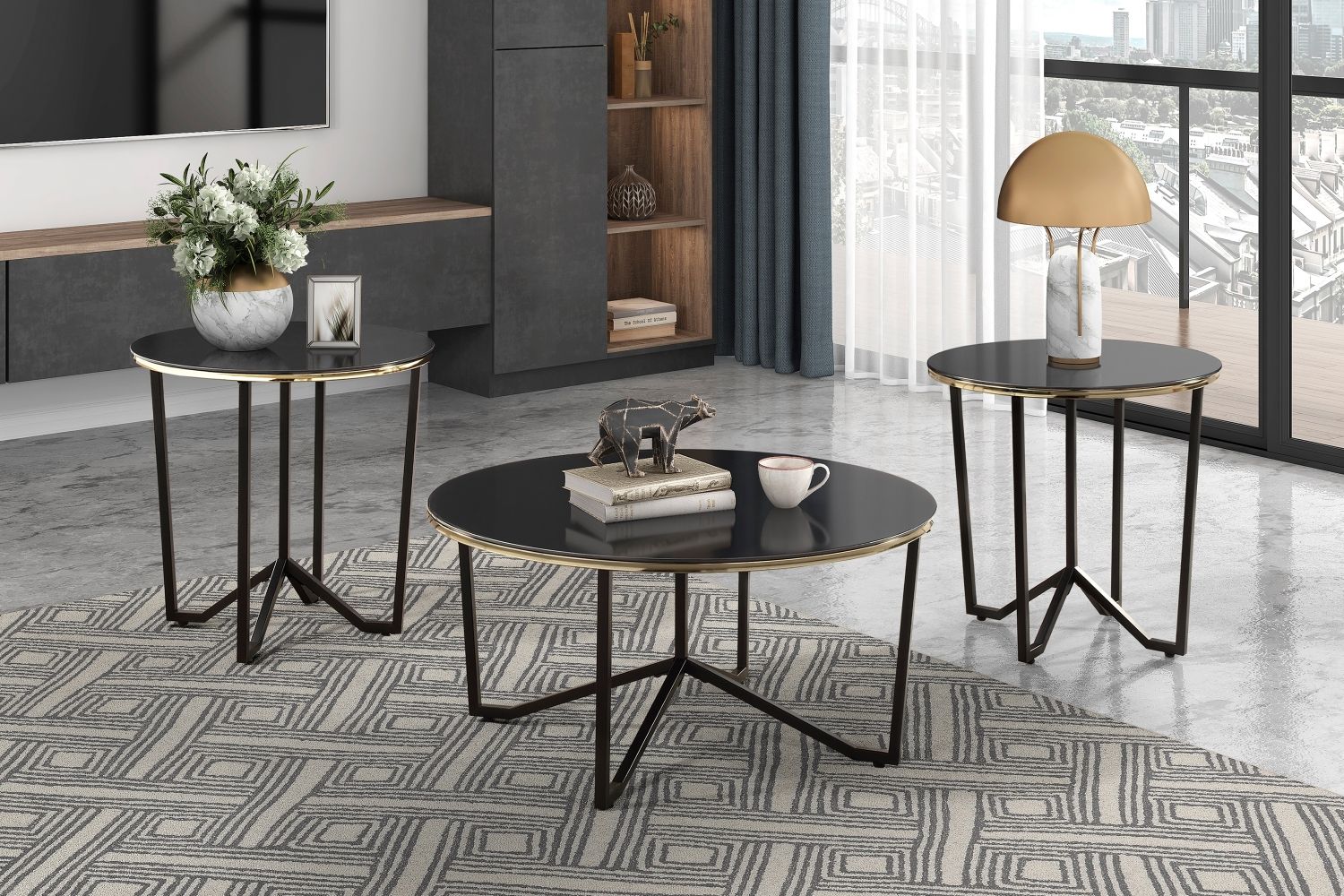 Round Coffee Table and End Tables 3pc Set Black Tempered Glass Top Metal Frame Modern Living Room Furniture