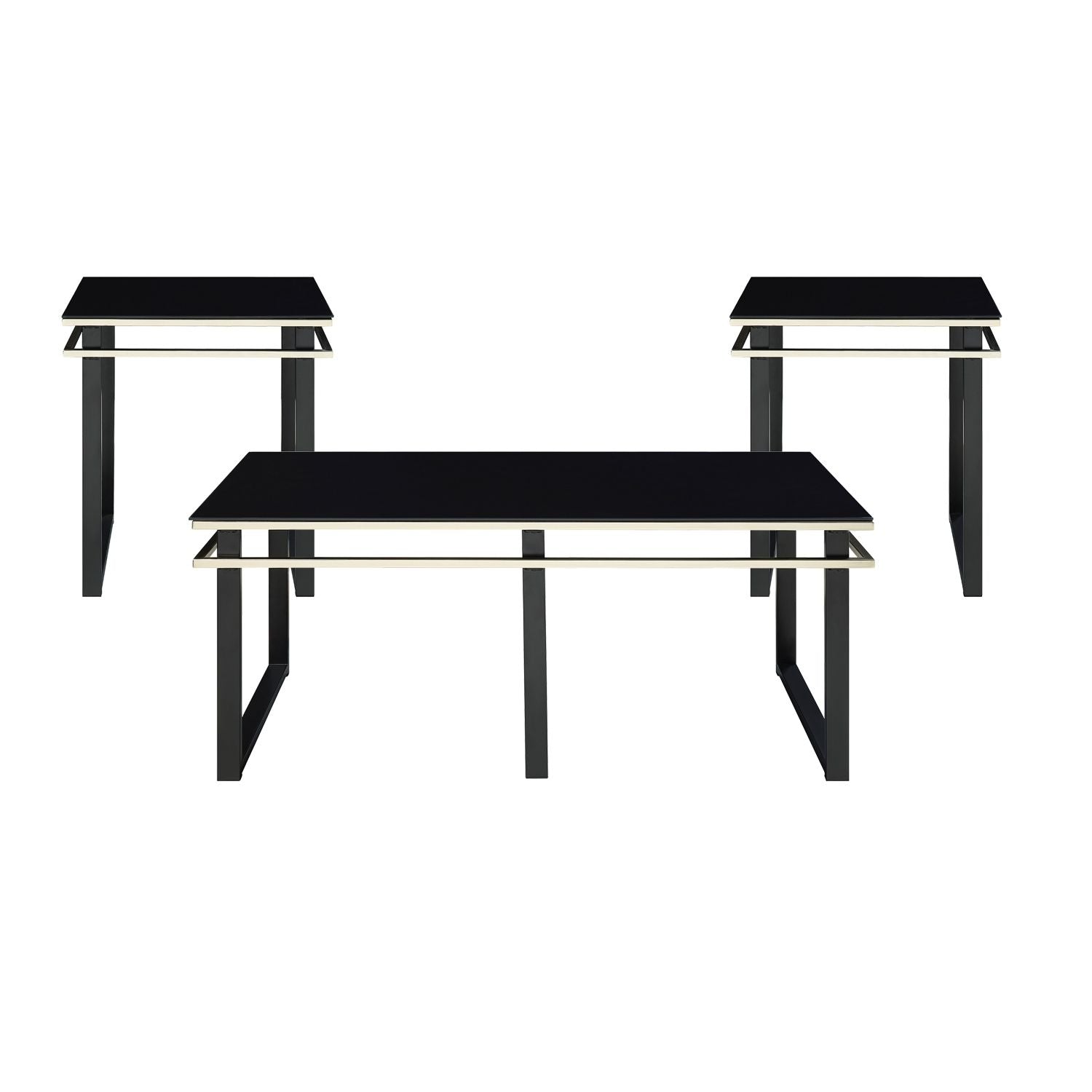Black Coffee Table and End Tables Set Occasional 3pc Tables Tempered Glass Top Metal Frame Modern Living Room Furniture