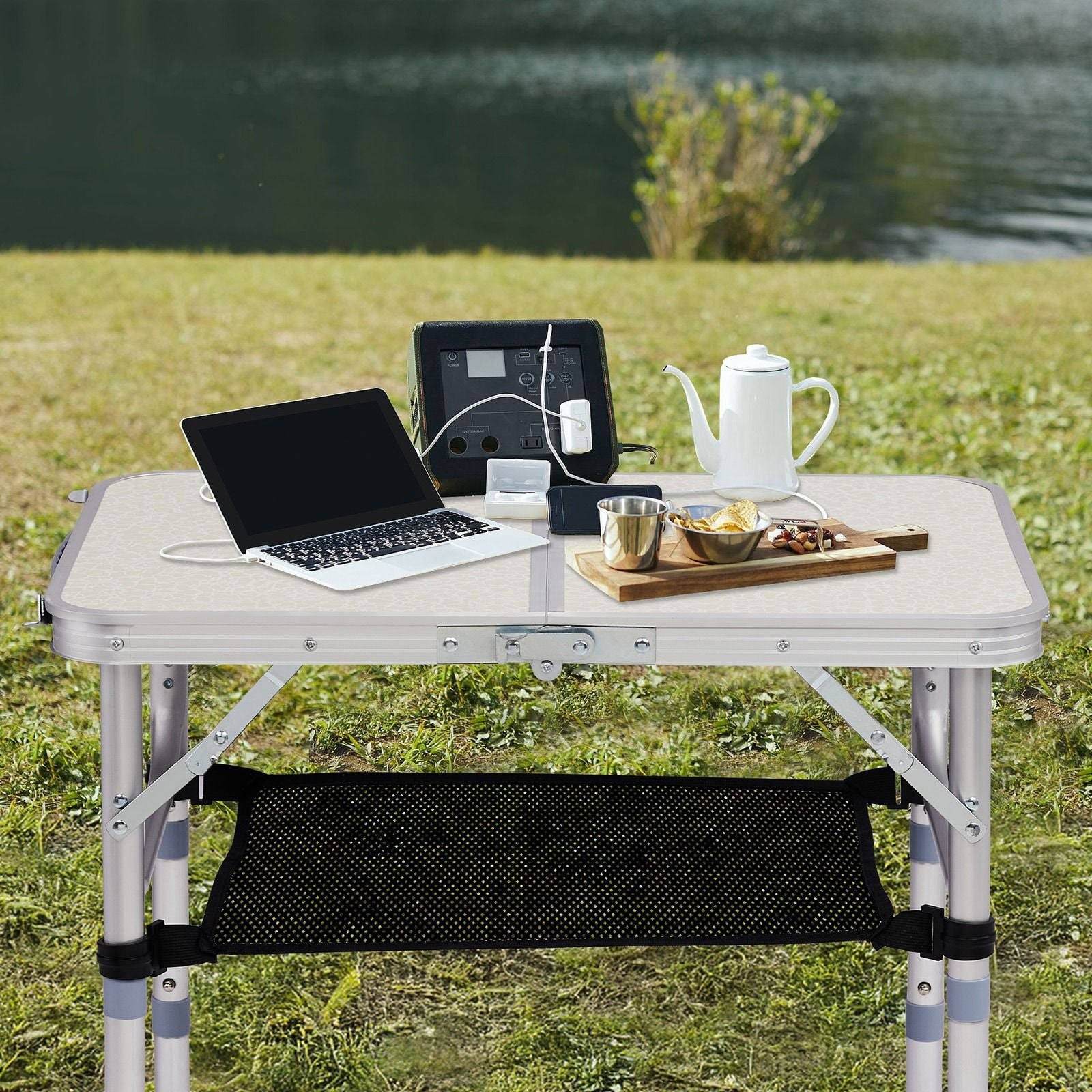 Portable Adjustable Height Folding Table with Mesh Storage Shelf – Lightweight Aluminum Camping Table, 2 Height Settings, Foldable Outdoor Picnic Table with Carry Handle for Patio, Beach, Camping