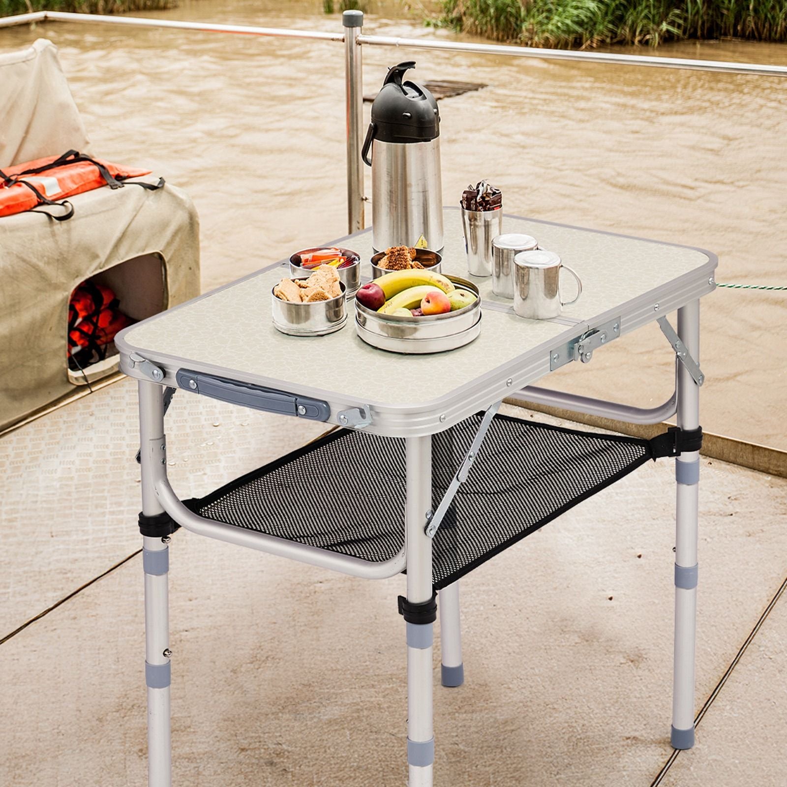 Portable Adjustable Height Folding Table with Mesh Storage Shelf – Lightweight Aluminum Camping Table, 2 Height Settings, Foldable Outdoor Picnic Table with Carry Handle for Patio, Beach, Camping