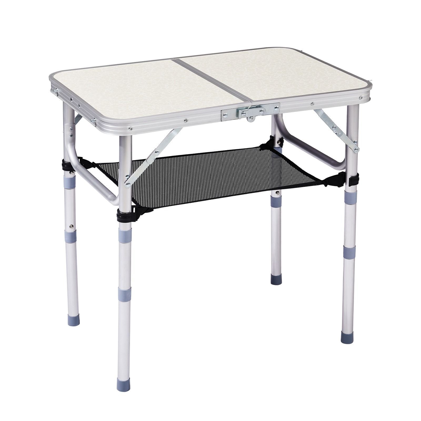 Portable Adjustable Height Folding Table with Mesh Storage Shelf – Lightweight Aluminum Camping Table, 2 Height Settings, Foldable Outdoor Picnic Table with Carry Handle for Patio, Beach, Camping