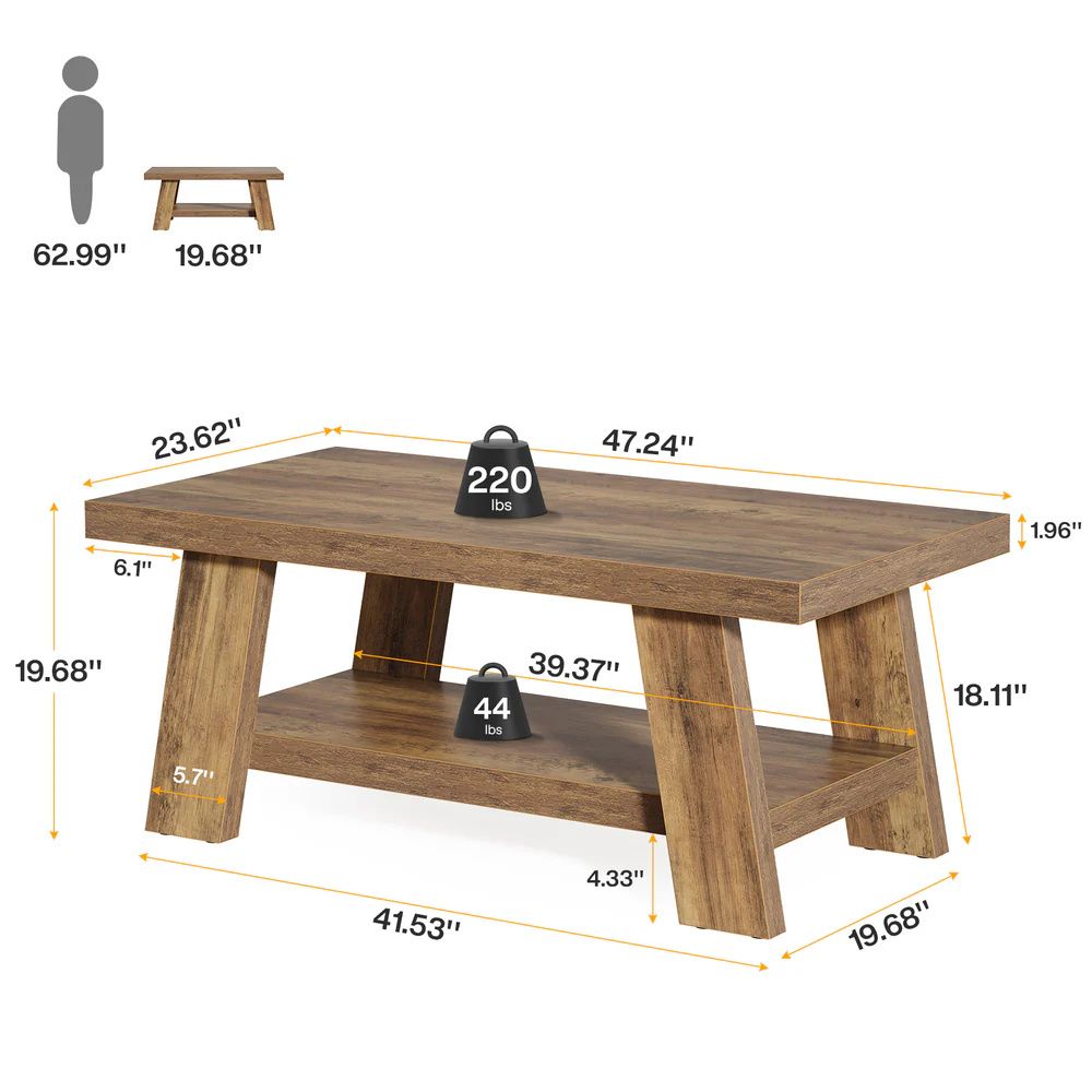 Coffee table, farmhouse double layered central table, sofa table with storage space