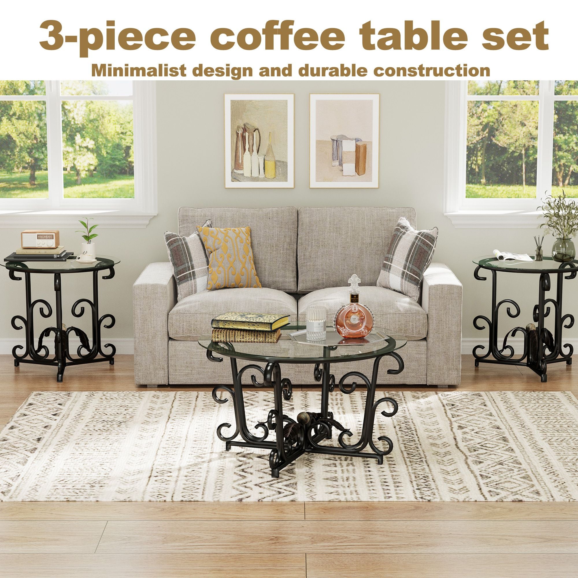 3-Piece Coffee Table Set, Tempered Glass Surface with Sturdy Metal Frame - Modern Living Room Sets (1 Coffee Table + 2 End Tables), Scratch-Resistant & Easy to Clean for Small Spaces, Apartments