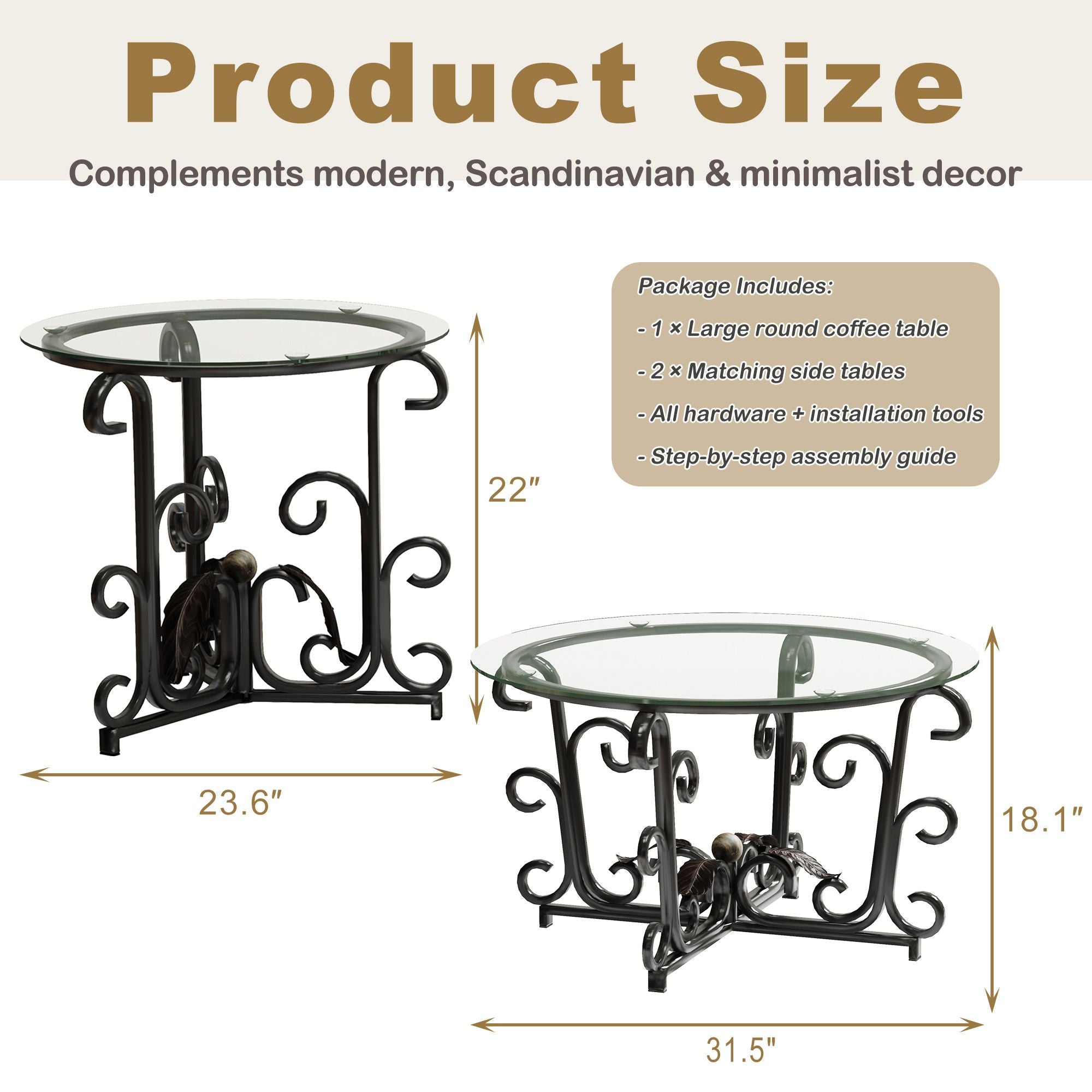 3-Piece Coffee Table Set, Tempered Glass Surface with Sturdy Metal Frame - Modern Living Room Sets (1 Coffee Table + 2 End Tables), Scratch-Resistant & Easy to Clean for Small Spaces, Apartments