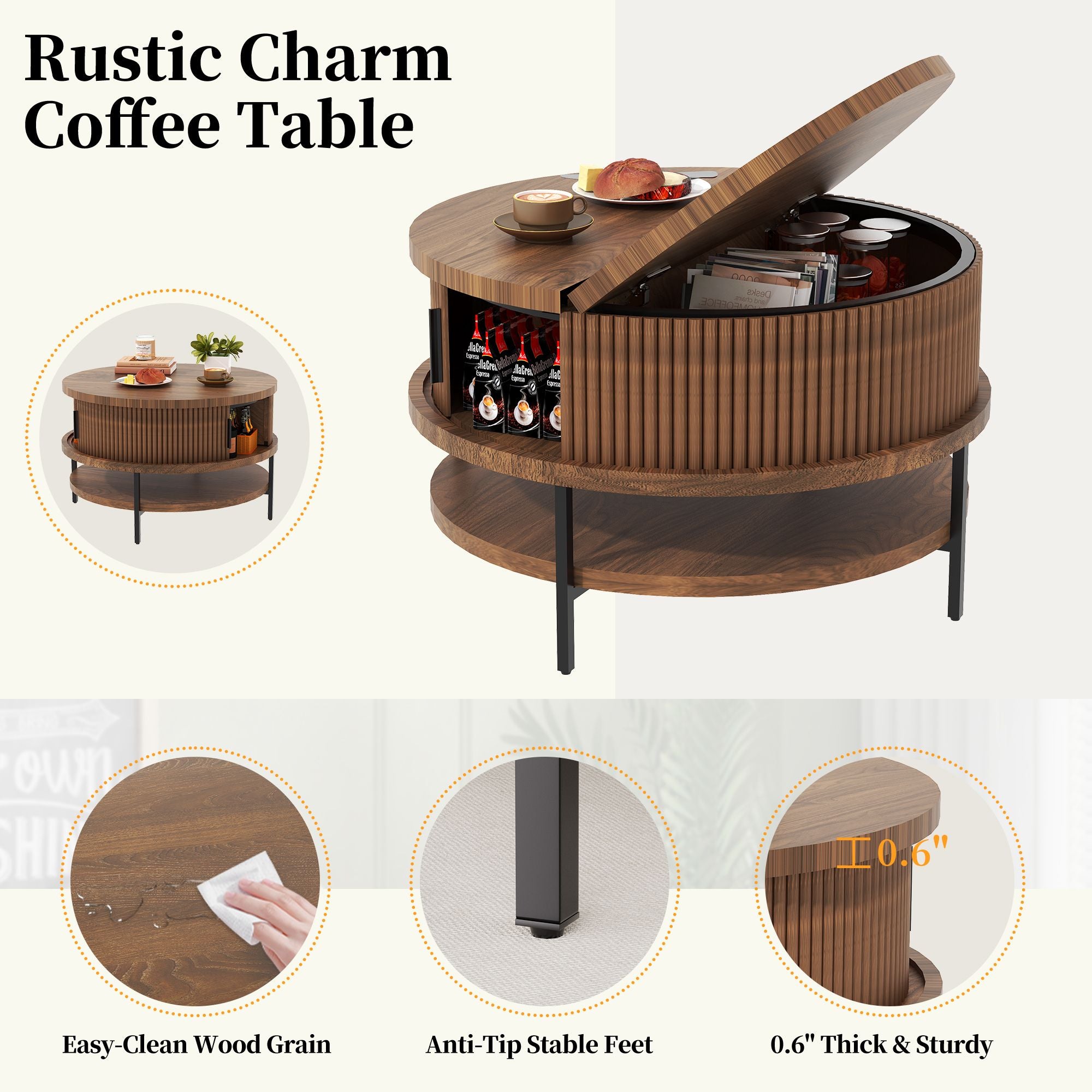 Flip-Top Round Coffee Table with Storage for Living Room, 31.5" Farmhouse Style Center Table with Sliding Doors & Hidden Compartment, Sturdy Metal Frame