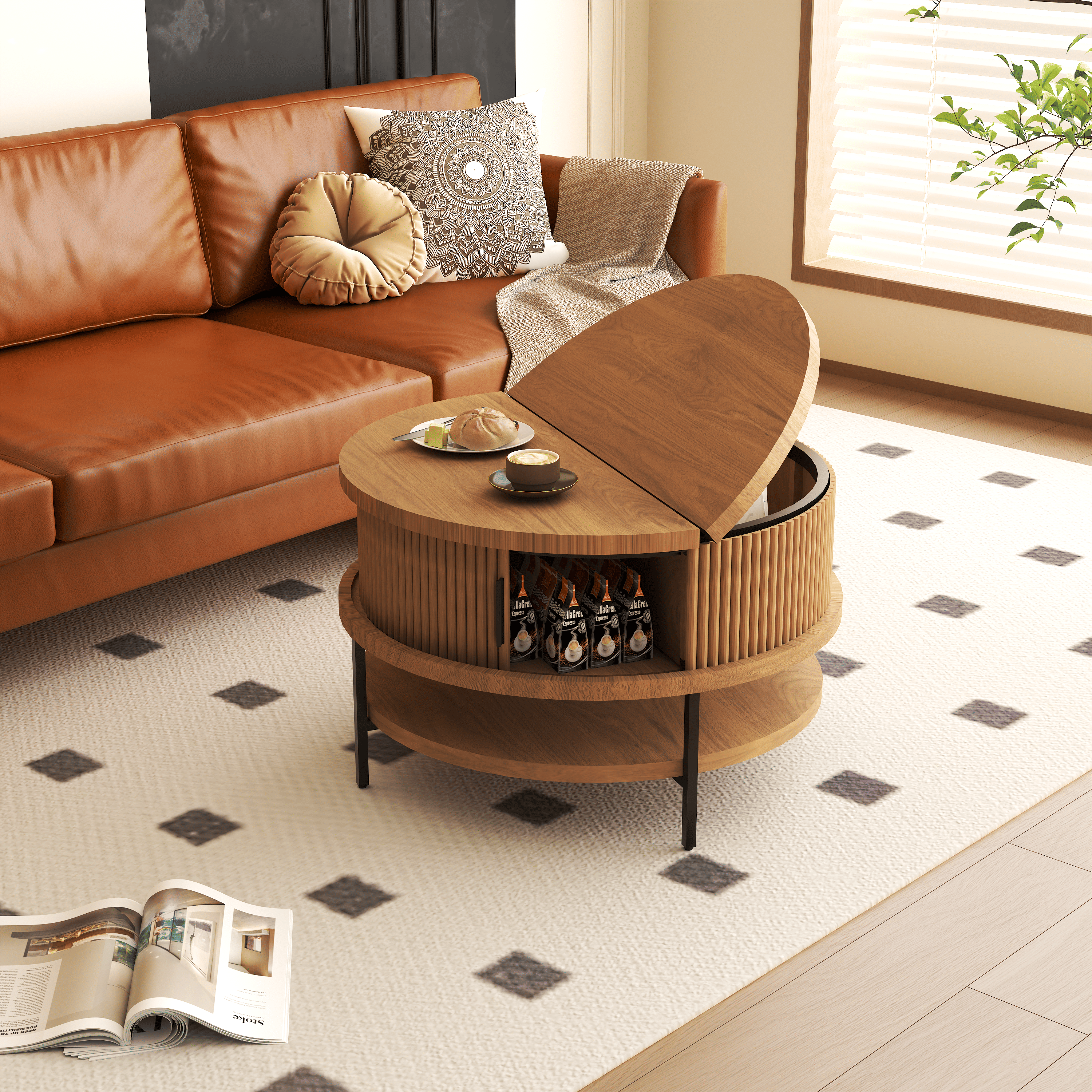 Flip-Top Round Coffee Table with Storage for Living Room, 31.5" Farmhouse Style Center Table with Sliding Doors & Hidden Compartment, Sturdy Metal Frame