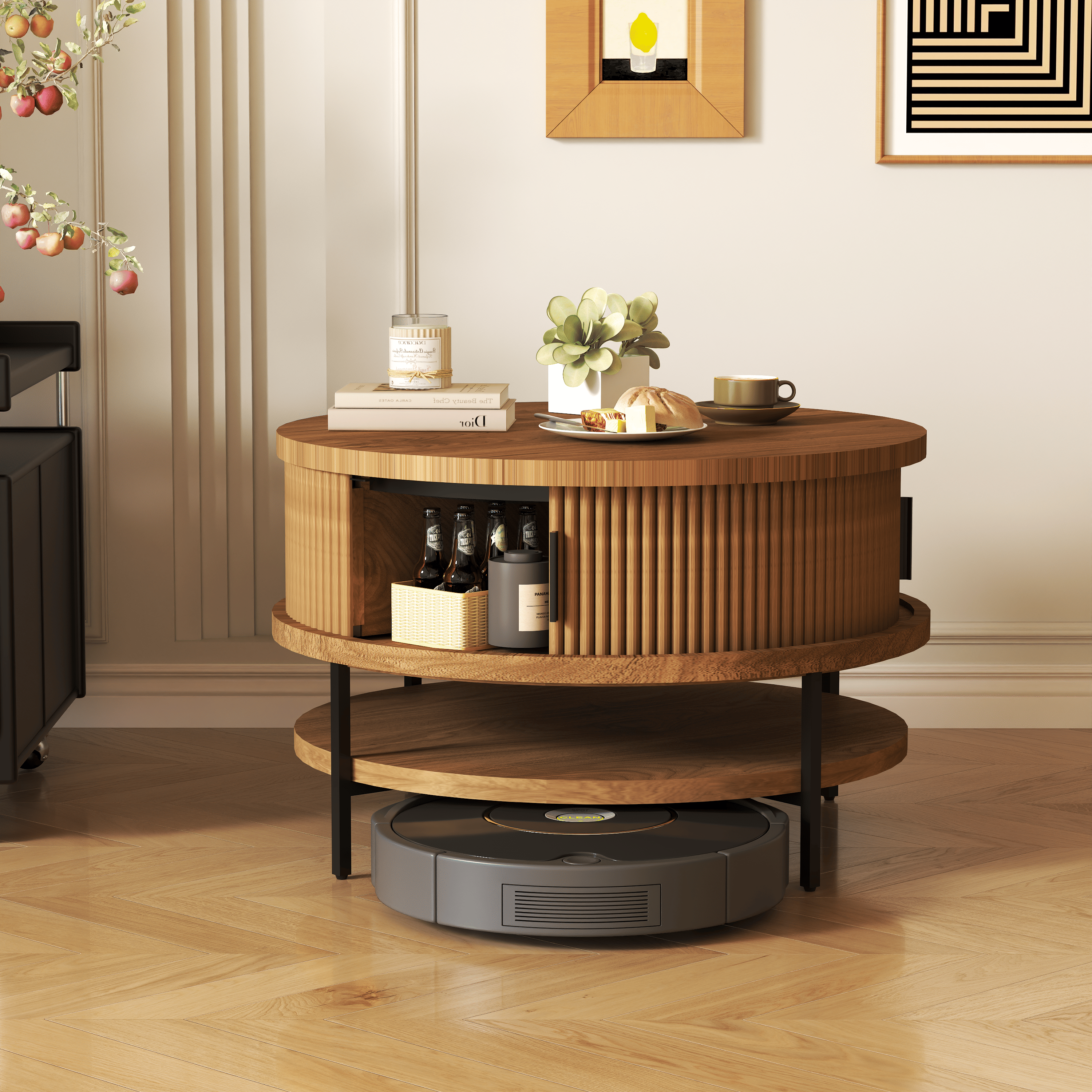 Flip-Top Round Coffee Table with Storage for Living Room, 31.5" Farmhouse Style Center Table with Sliding Doors & Hidden Compartment, Sturdy Metal Frame