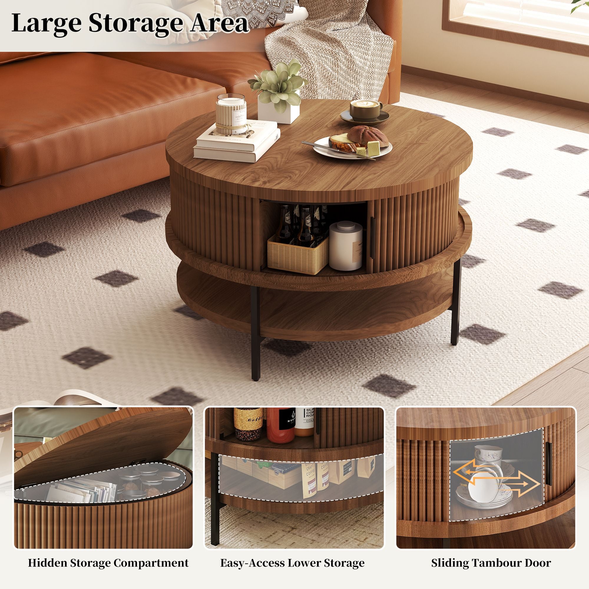 Flip-Top Round Coffee Table with Storage for Living Room, 31.5" Farmhouse Style Center Table with Sliding Doors & Hidden Compartment, Sturdy Metal Frame