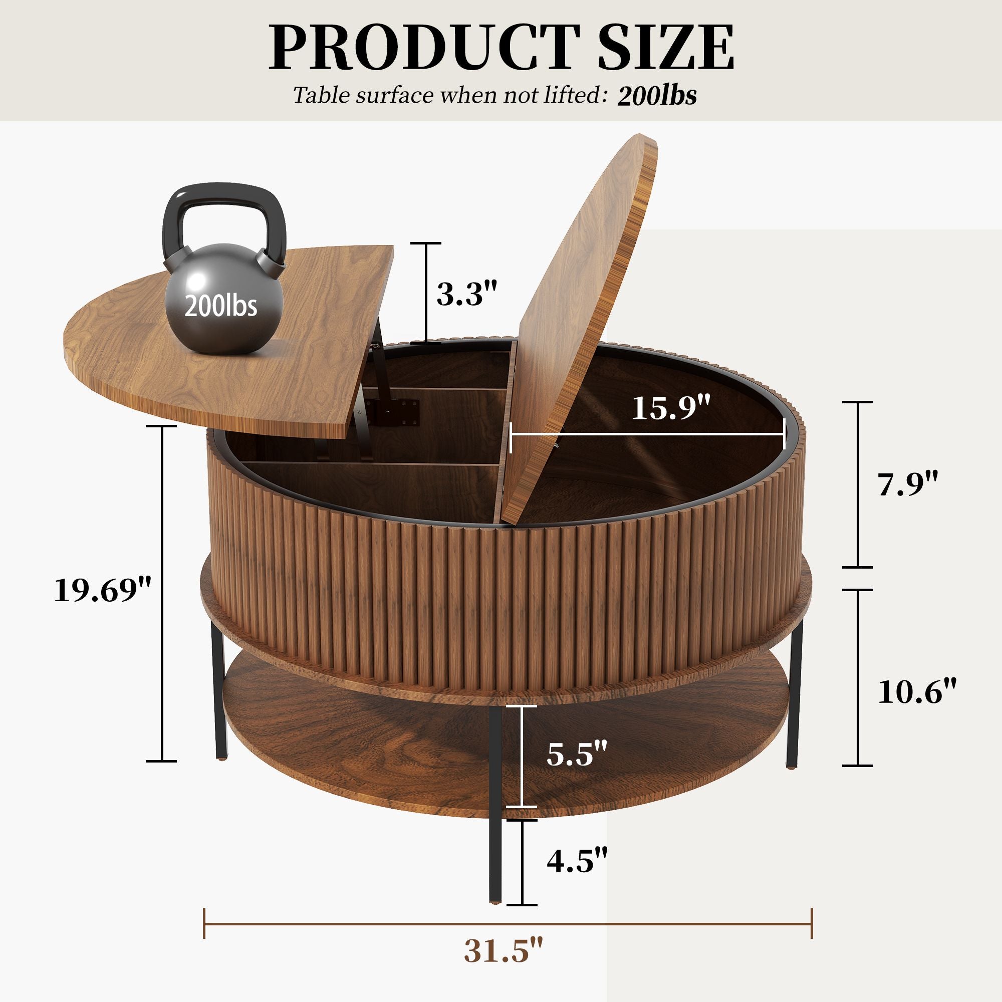 31.5 Inch Farmhouse Brown Lift Top Coffee Table, Round Storage Cocktail Table with Sturdy Steel Legs, Safe Round Design for Living Room, Office