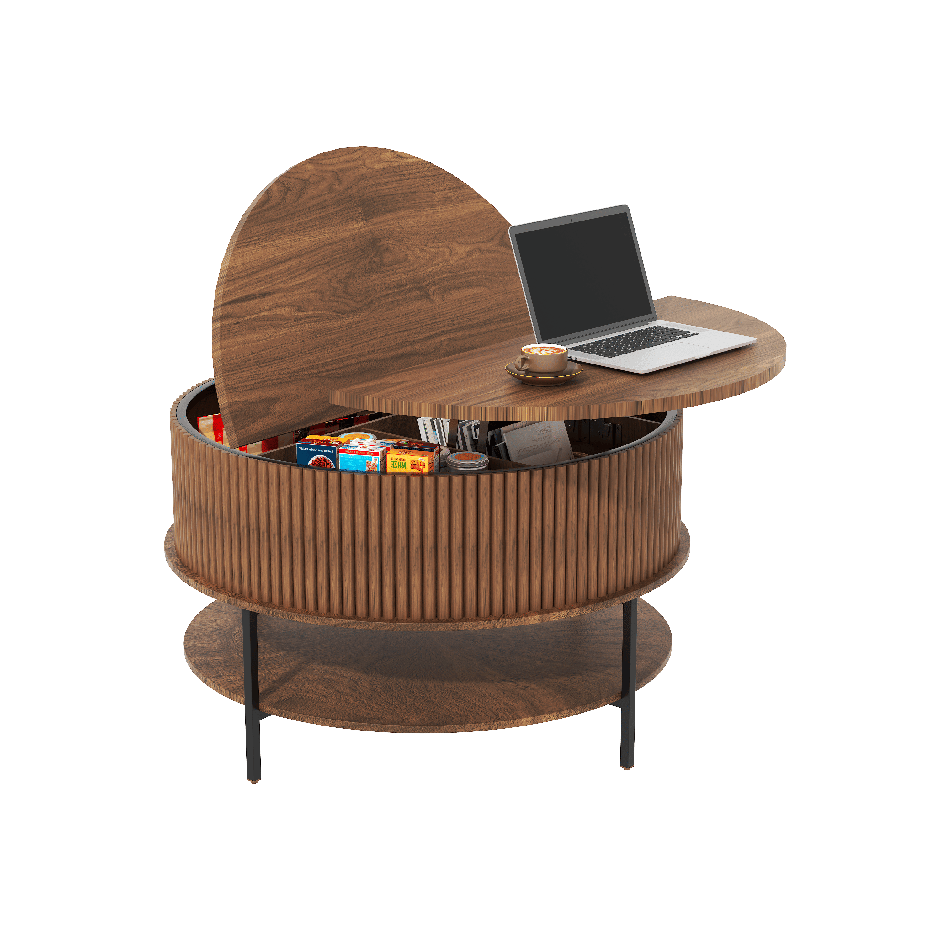 31.5 Inch Farmhouse Brown Lift Top Coffee Table, Round Storage Cocktail Table with Sturdy Steel Legs, Safe Round Design for Living Room, Office
