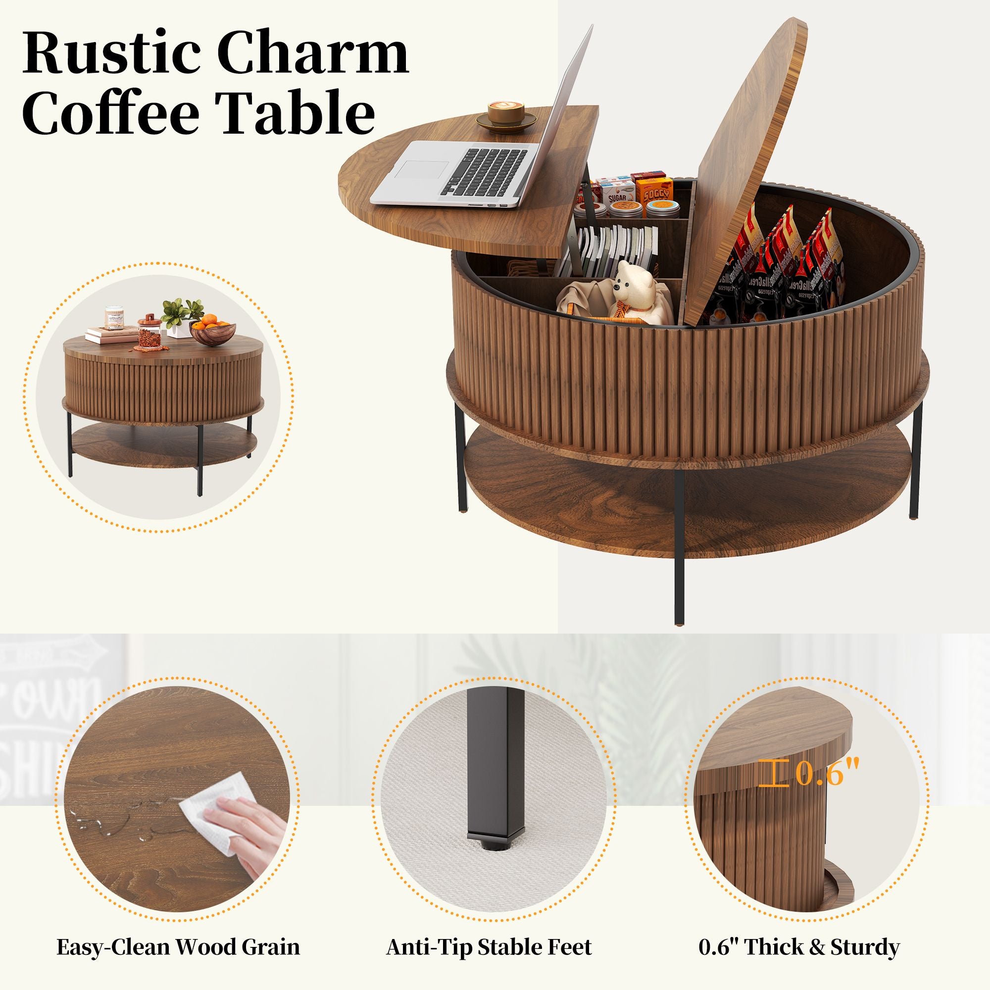 31.5 Inch Farmhouse Brown Lift Top Coffee Table, Round Storage Cocktail Table with Sturdy Steel Legs, Safe Round Design for Living Room, Office