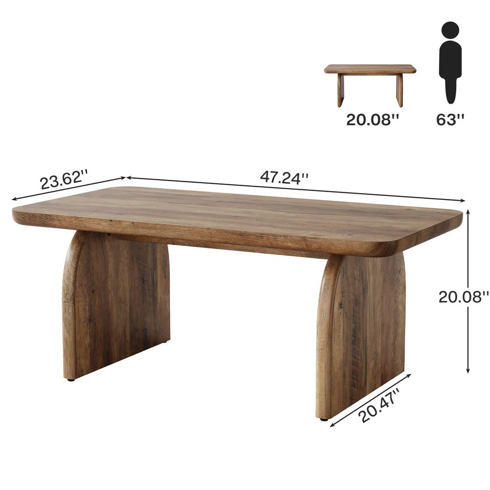 Central table, low cocktail coffee table with thick tabletop, sturdy base dining table