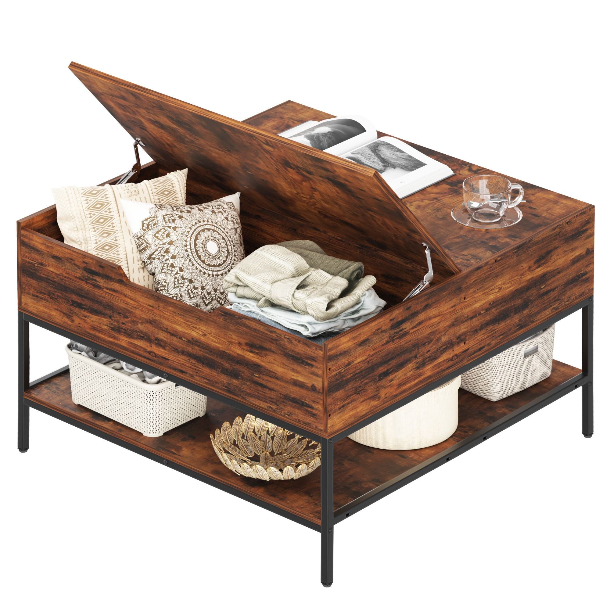 Flip-Top Coffee Table with Storage - Dark Walnut & Black Metal - 31.5" Lift-Top Design w/Hidden Compartment - Easy Assembly Living Room Table