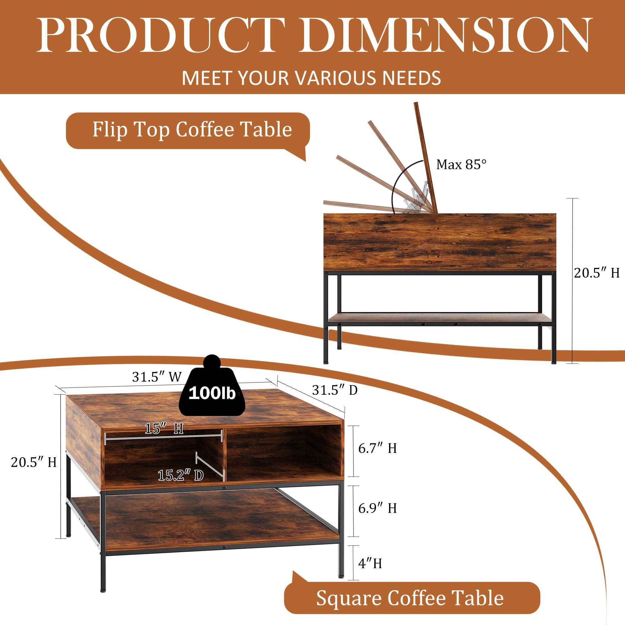 Flip-Top Coffee Table with Storage - Dark Walnut & Black Metal - 31.5" Lift-Top Design w/Hidden Compartment - Easy Assembly Living Room Table
