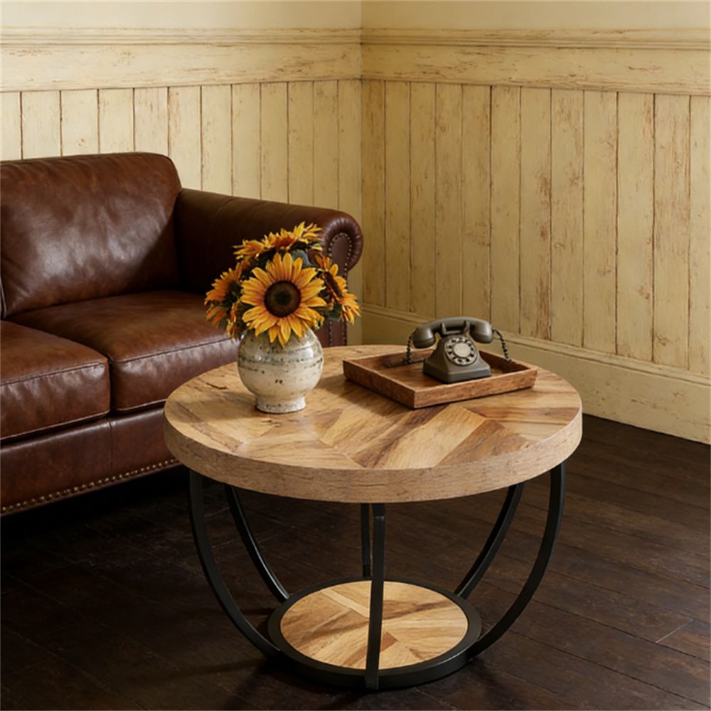 Wooden coffee table, round table, central cocktail table with storage space, side table
